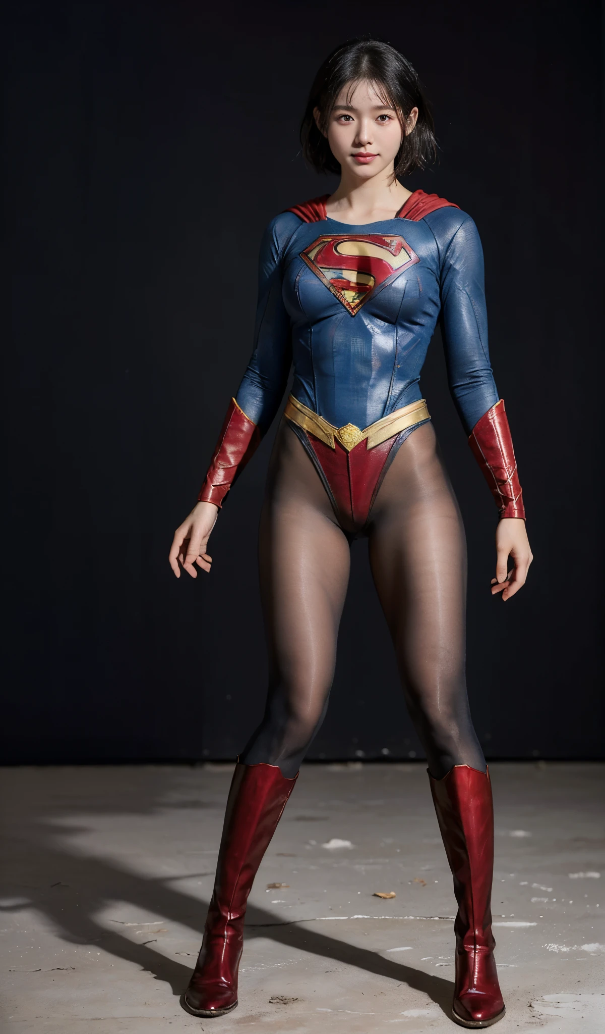 No background、(((Beautiful legs in black tights.)))、(((Legally express the beauty of your smile)))、((((Make the most of your original images)))、(((Supergirl Costume)))、(((beautiful short bob hair)))、(((suffering)))、(((Please wear black tights....、Wear red boots)))、((Best image quality、8K))、((highest quality、8K、masterpiece:1.3))、(((Preserve background )))、Sharp focus:1.2、Beautiful woman with perfect figure:1.4、Thin abdominal muscles:1.2、Wet body:1.5、Highly detailed face and skin texture、8K