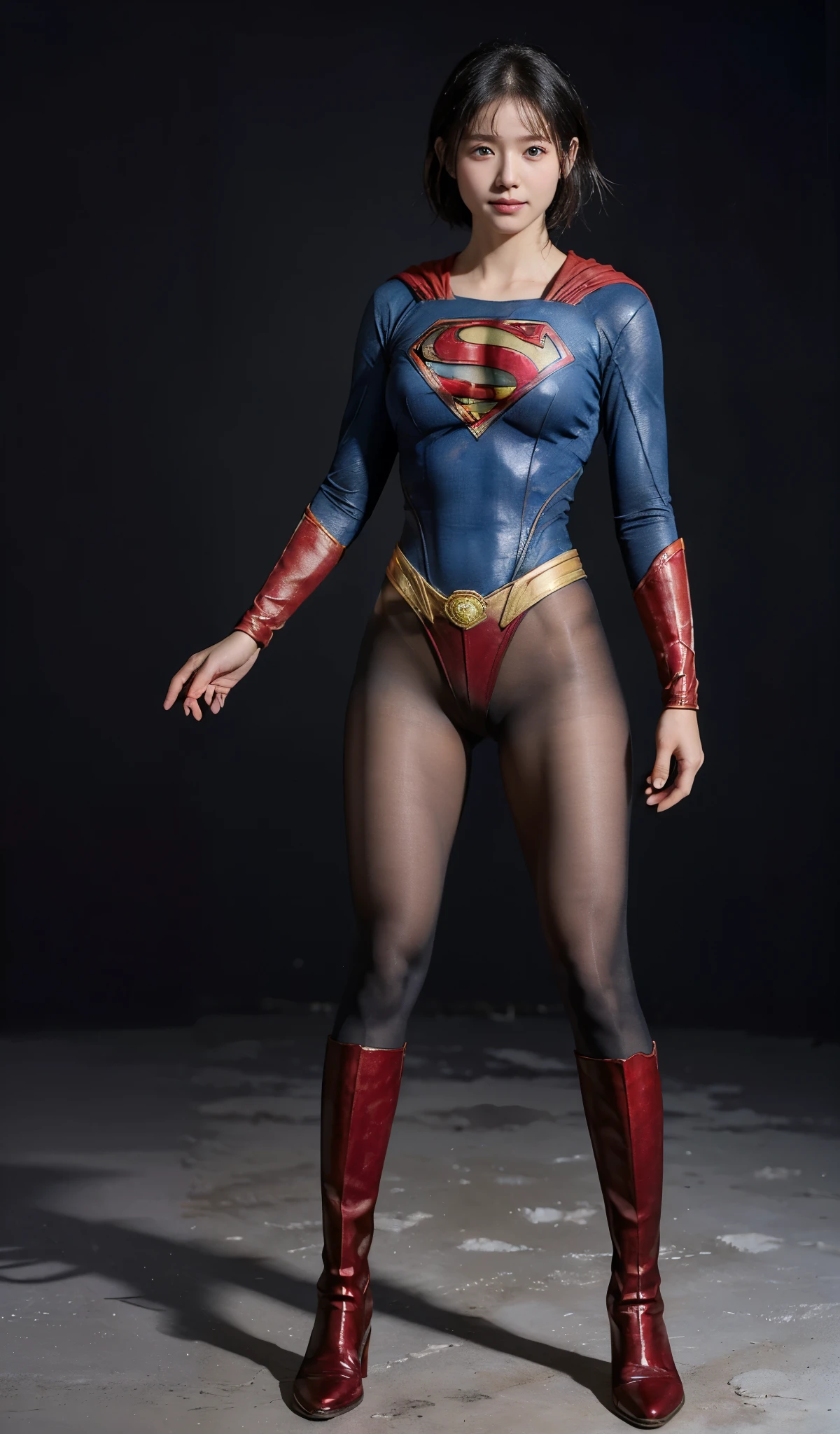 No background、(((Beautiful legs in black tights.)))、(((Legally express the beauty of your smile)))、((((Make the most of your original images)))、(((Supergirl Costume)))、(((beautiful short bob hair)))、(((suffering)))、(((Please wear black tights....、Wear red boots)))、((Best image quality、8K))、((highest quality、8K、masterpiece:1.3))、(((Preserve background )))、Sharp focus:1.2、Beautiful woman with perfect figure:1.4、Thin abdominal muscles:1.2、Wet body:1.5、Highly detailed face and skin texture、8K