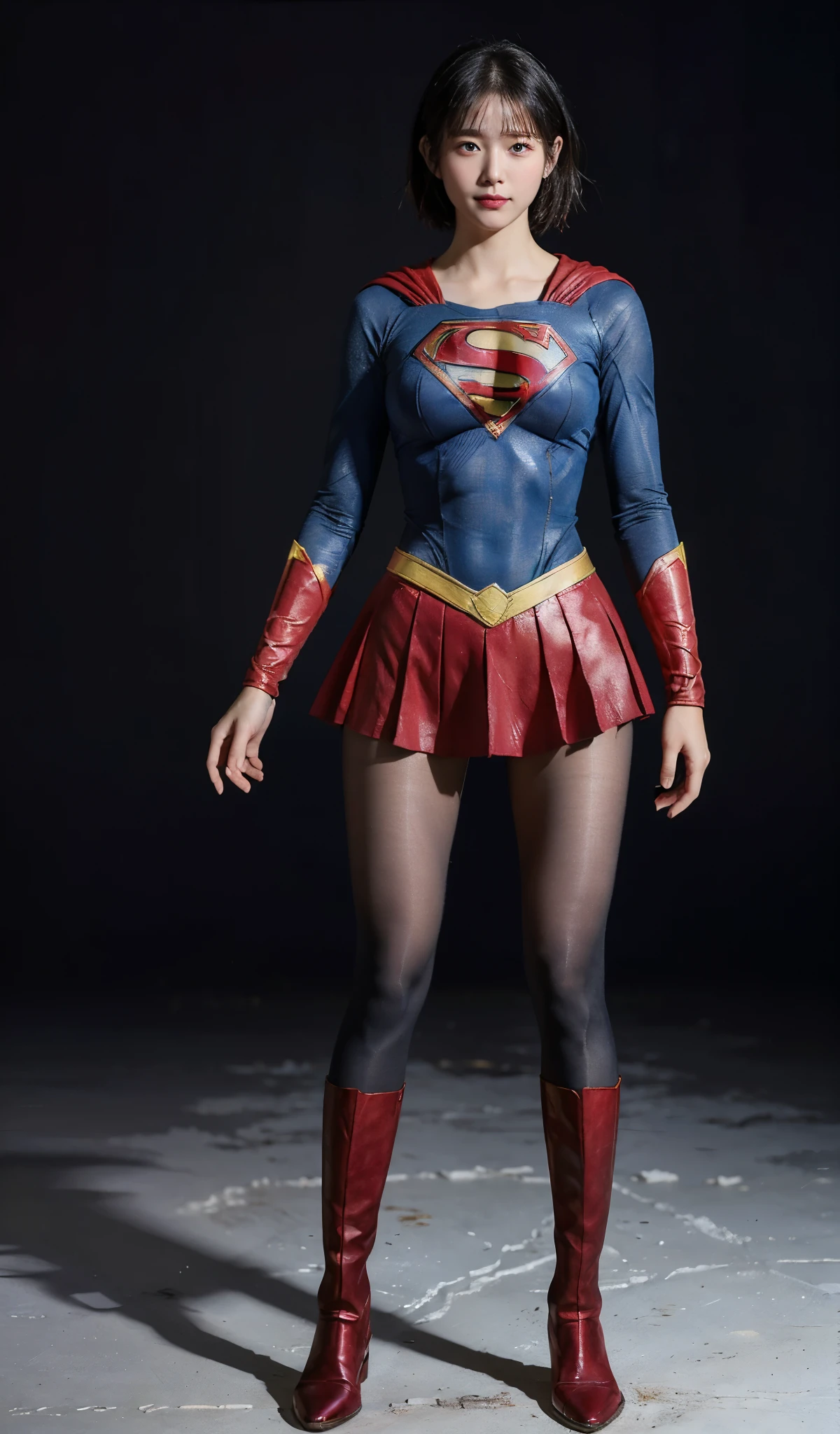 No background、(((Beautiful legs in black tights.)))、(((Legally express the beauty of your smile)))、((((Make the most of your original images)))、(((Supergirl Costume)))、(((beautiful short bob hair)))、(((suffering)))、(((Please wear black tights....、Wear red boots)))、((Best image quality、8K))、((highest quality、8K、masterpiece:1.3))、(((Preserve background )))、Sharp focus:1.2、Beautiful woman with perfect figure:1.4、Thin abdominal muscles:1.2、Wet body:1.5、Highly detailed face and skin texture、8K