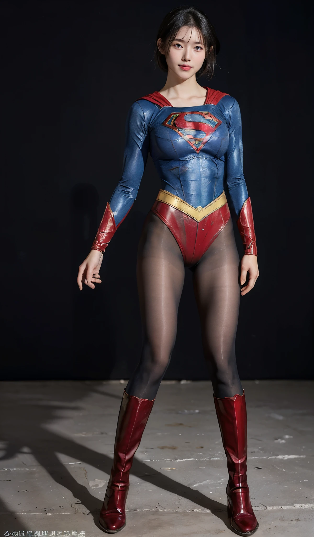 No background、(((Beautiful legs in black tights.)))、(((Legally express the beauty of your smile)))、((((Make the most of your original images)))、(((Supergirl Costume)))、(((beautiful short bob hair)))、(((suffering)))、(((Please wear black tights....、Wear red boots)))、((Best image quality、8K))、((highest quality、8K、masterpiece:1.3))、(((Preserve background )))、Sharp focus:1.2、Beautiful woman with perfect figure:1.4、Thin abdominal muscles:1.2、Wet body:1.5、Highly detailed face and skin texture、8K