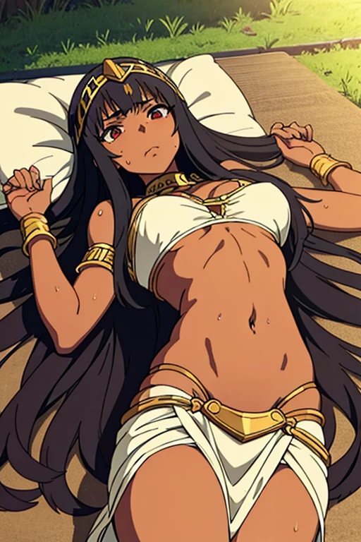 (best quality, masterpiece), brown skinned anime Cleopatra wearing a triangle top and long skirt, famished in hunger, (gently resting hands on stomach), (sweating), (lying down), (long black hair), (hands on stomach), (pressing stomach with her fingers)