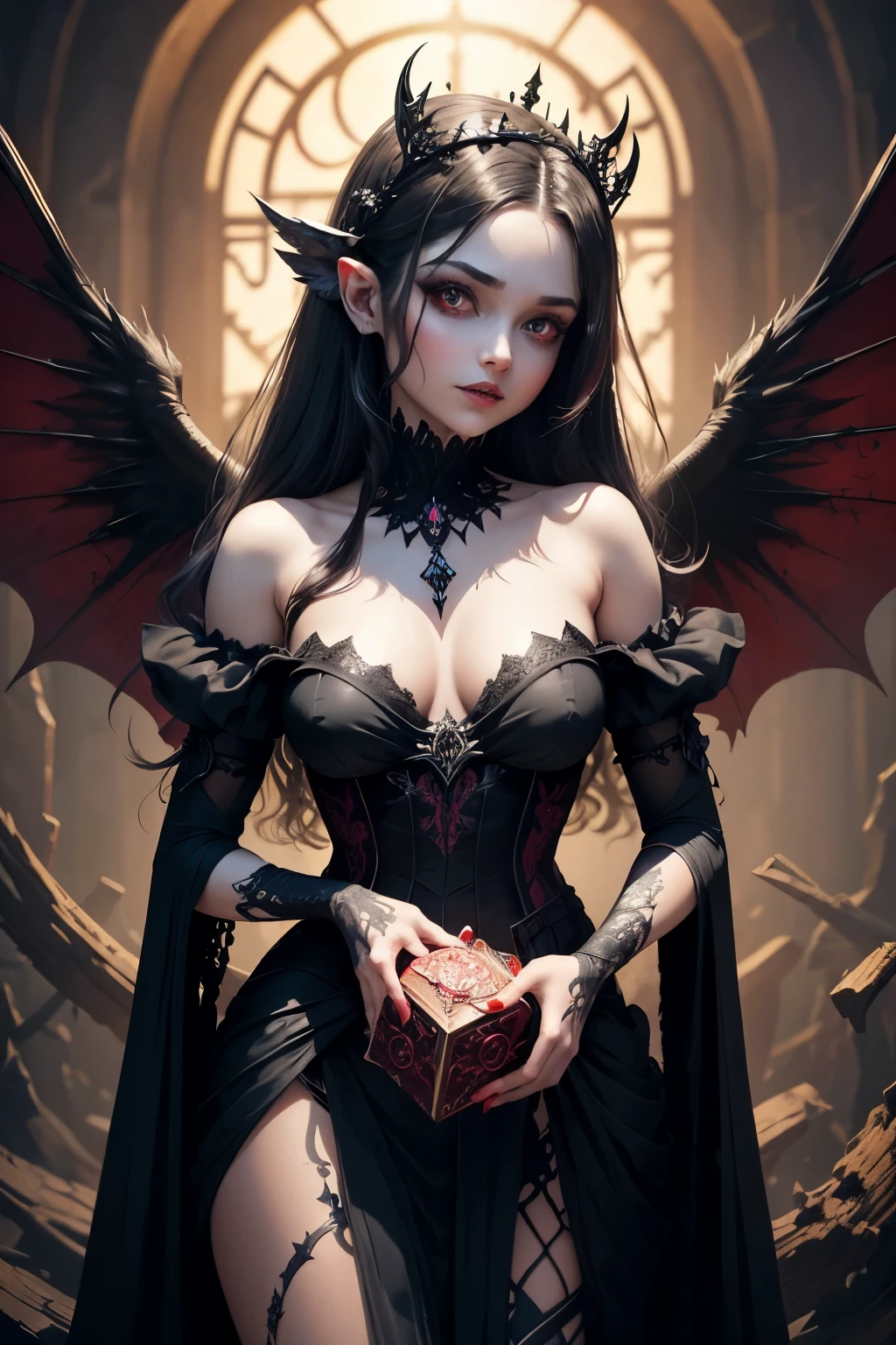 Malevolent fairy with devilish features, her wings tinged with red and black hues, her eyes gleaming with mischief and malice. She wears a crown adorned with bones and razor-sharp teeth, her laughter echoing an eerie cackle. Her attire, a pair of tattered threads that seemed to have been worn for centuries, clung to her form in a way that accentuated her otherworldly figure. In her hand, she held a small, ornate box filled with enchanted dust, a symbol of her dark powers. The aura of evil that surrounded her was palpable, yet there was an intriguing allure to her m