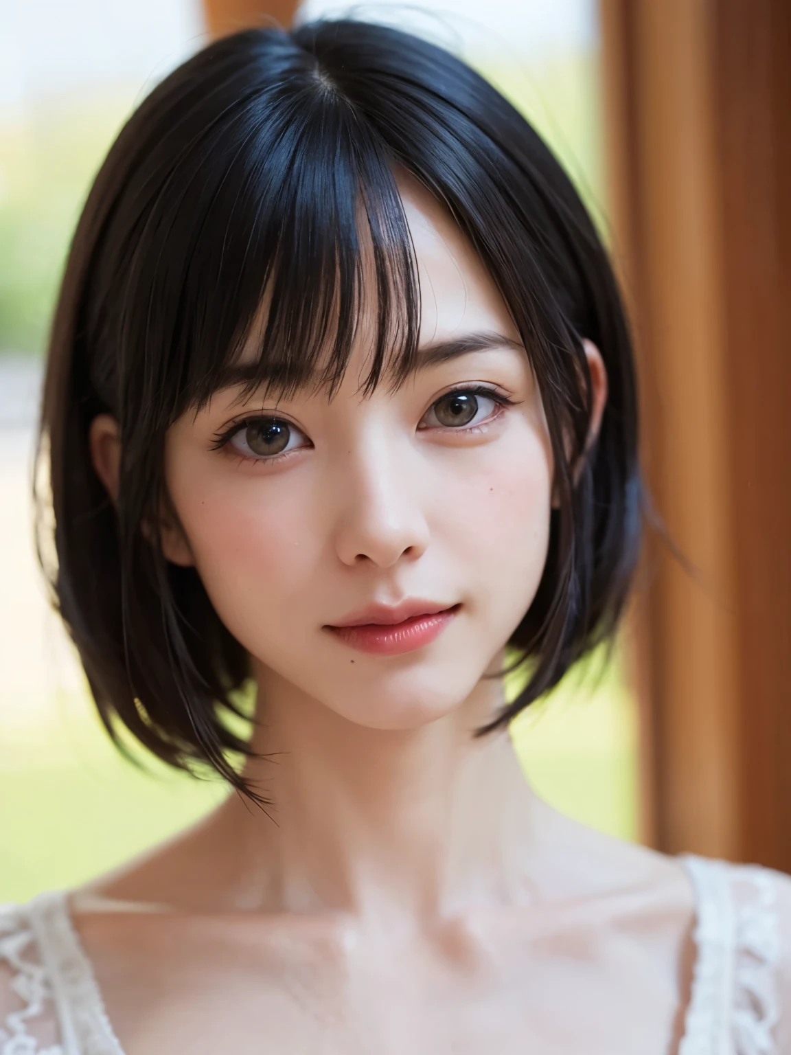 1 girl、highest quality、Realistic、alone、Written boundary depth、Natural soft light、Daytime、charm、Beautiful Face、Cleanliness、Pure Face、White skin、cute、Bob Hair、short hair、bright hazel eyes:1.6、Beautiful Lips、美しいLong neck、Beautiful décolletage、bangs、Beach、Light of the sun、Nedium Body Esbian、((黄金比のBeautiful Face、 対称性のあるBeautiful Face、Dutch Angle Shot、Elevation))、Long neck、Show me your ears、Stick out your ears。bangsのあるきれいな短いBob Hair、smile with your mouth closed、Perfect hands指、Perfect hands、Perfect body、Perfect Face、Shine a light into your eyes、Perfect Anatomy:1.6、とてもcuteスーパーモデル:1.6、{Huge|big|Hugeな|Mega} chest, chestの谷間、smile:1.6、Very beautiful teeth:1.6
