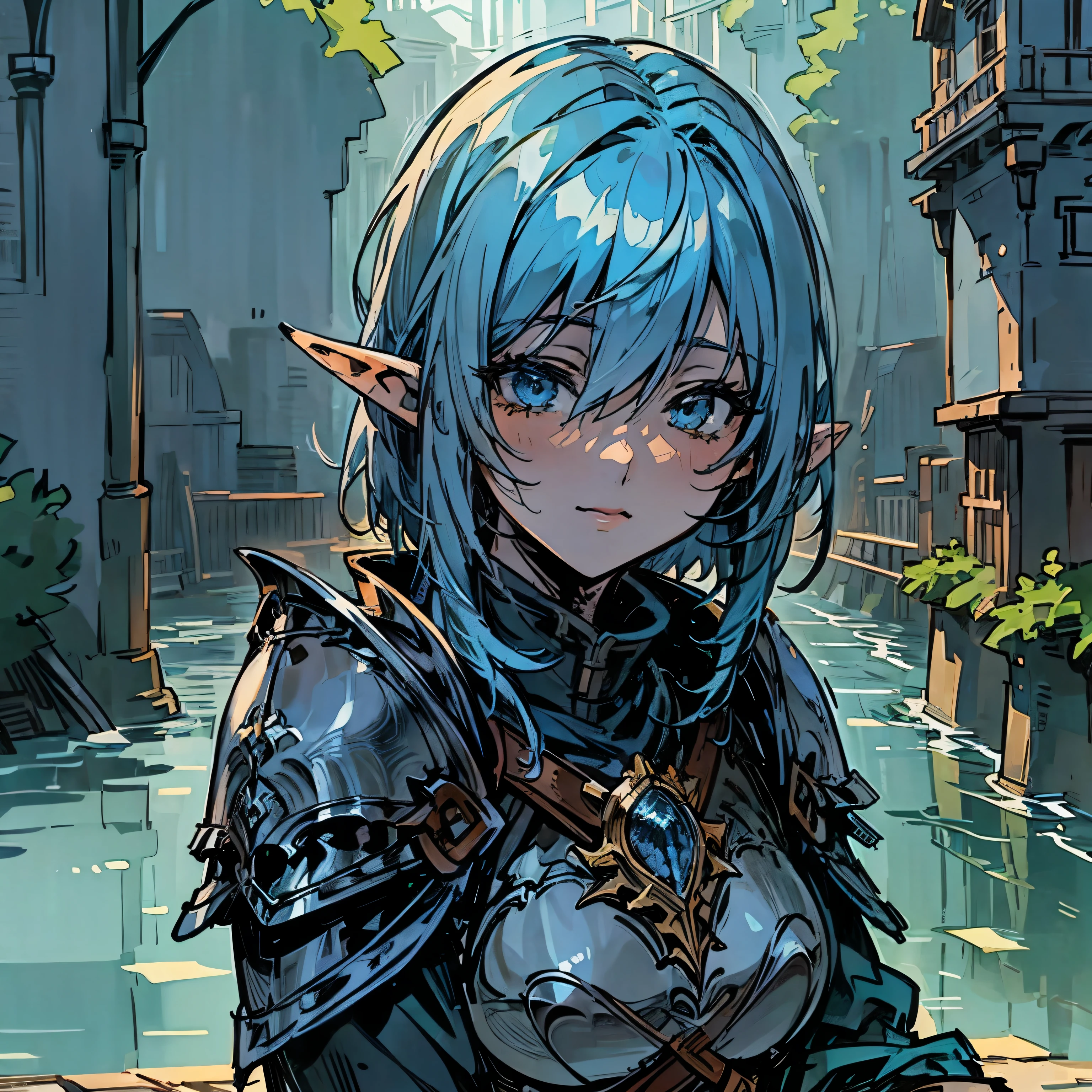 (Background: Town street, river) in the distance, sitting by a river on a bridge, Cleddyf the elf knight,Strong Female elf knight, wearing knight armor, kuudere, short light blue hair, short, calm smile[realistic anime, detailed face, attention to face, beautiful lighting, close up], dark fantasy, medieval fantasy