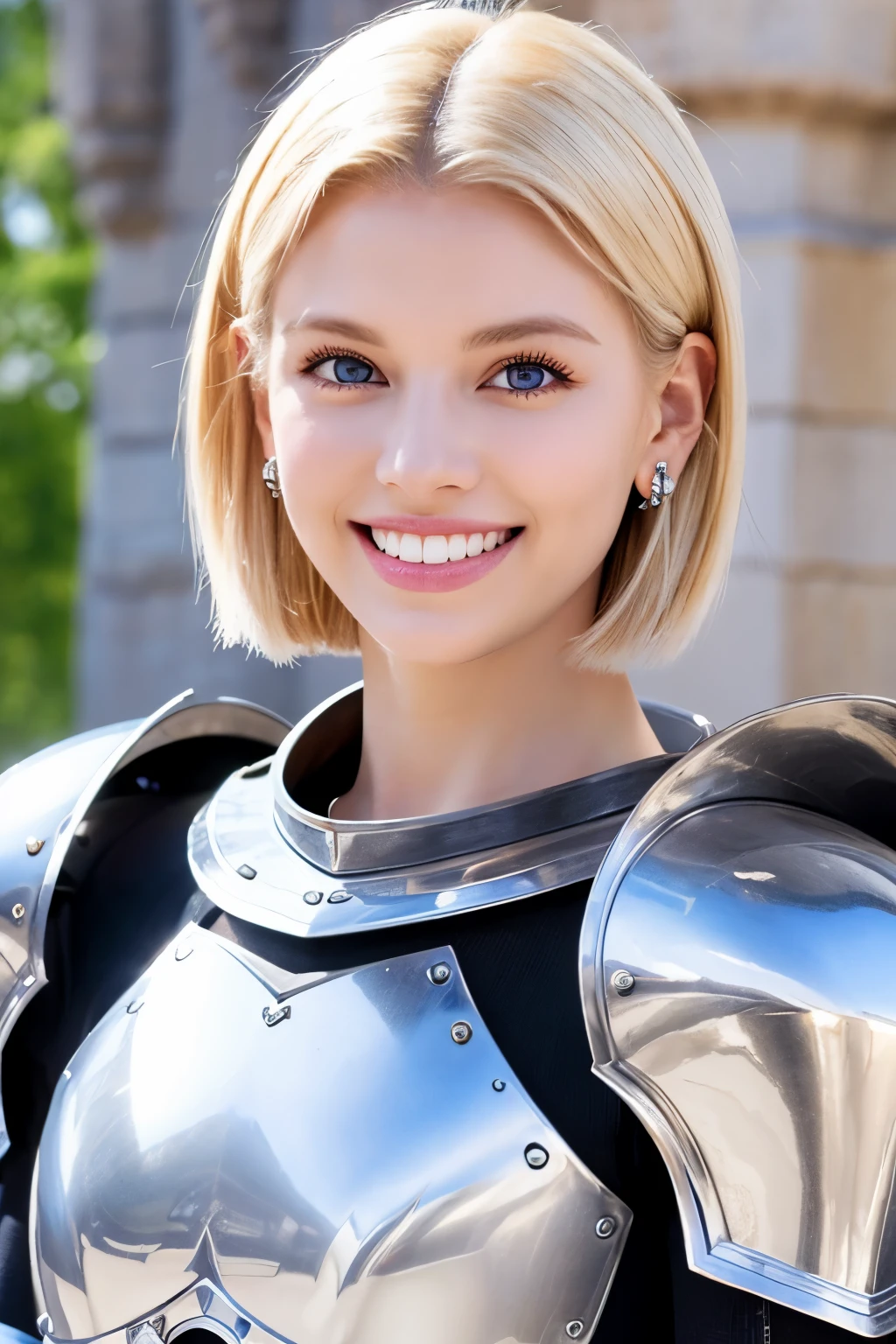 8K、highest quality、female knight、Luxurious Silver Armor、、hairstyle short cut、smile、Beautiful Teeth、Full body photo、ear piercing、blonde、White woman、blue eyes、Heavy makeup、The background is inside the castle