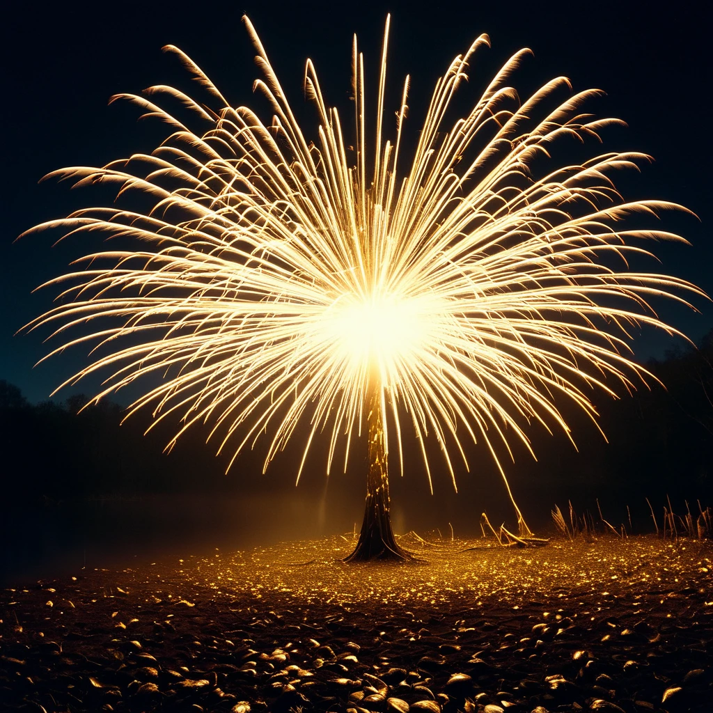 Tree lit up at night, Sparks are flying around, providing the only light source in the dark surroundings. The scene is dramatic and breathtaking, echoing the sentiment that hope is a thing with feathers. Use the visual characteristics of a 35mm film such as film grain, vignette effect, post-processing, and stunning cinematic lighting techniques to create an atmospheric scene. The result should be of the highest quality, resembling an epic masterpiece from a live-action film. river in the foreground :: a breathtaking intricate and highly detailed, golden hour, heavenly rays :: masterpiece, 8k resolution, trending on, dramatic,