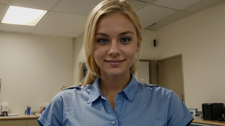 Very attractive blonde woman, prison warden. blue eyes, facing the camera. Smiling. In an expensive clinic.