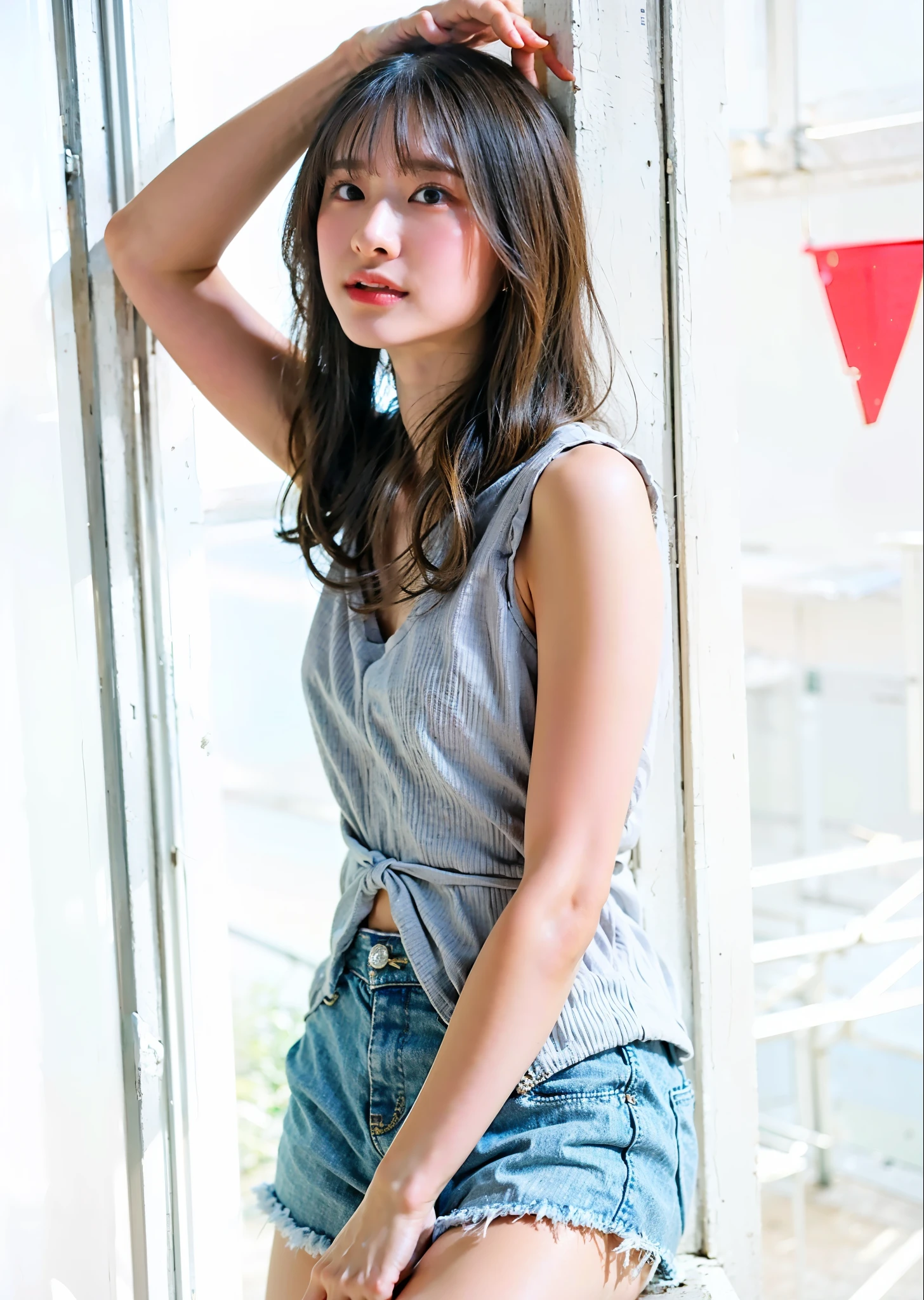Alafed woman in tanned top and denim shorts poses for photo, Bae Suzy, Wearing : Tank top, Slim girl model photo, Korean female fashion model, Wear a cute top, Tank topを着用, Wearing a camisole, Tank topを着用, medium portrait top light, Cindy Avelino, Gorgeous Young Korean Woman, crystal