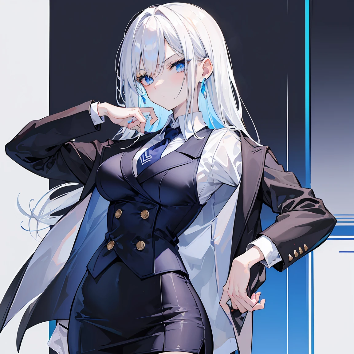 (masterpiece, best quality:1.2), l looking at viewer, hand on hip, skirt suit, (((three-piece suit))), necktie, blazer, (((suit jacket))), (((waistcoat))), double-breasted waistcoat, bodycon miniskirt, pencil skirt, tie clip, pocket square, pocket watch, pantyhose, high heels, earrings, Beautiful girl, body(tall, big bust, white skin, slim waist), eyes(blue), hair(long, white, straight), angry eyes, fancy professional suit, close up