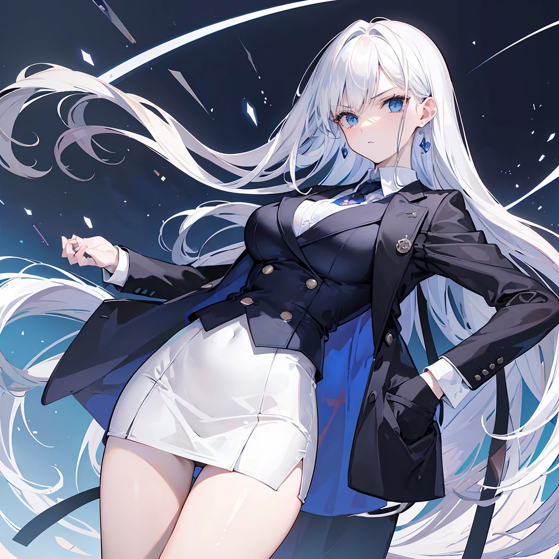 (masterpiece, best quality:1.2), l looking at viewer, hand on hip, skirt suit, (((three-piece suit))), necktie, blazer, (((suit jacket))), (((waistcoat))), double-breasted waistcoat, bodycon miniskirt, pencil skirt, tie clip, pocket square, pocket watch, pantyhose, high heels, earrings, Beautiful girl, body(tall, big bust, white skin, slim waist), eyes(blue), hair(long, white, straight), angry eyes, fancy professional suit, close up