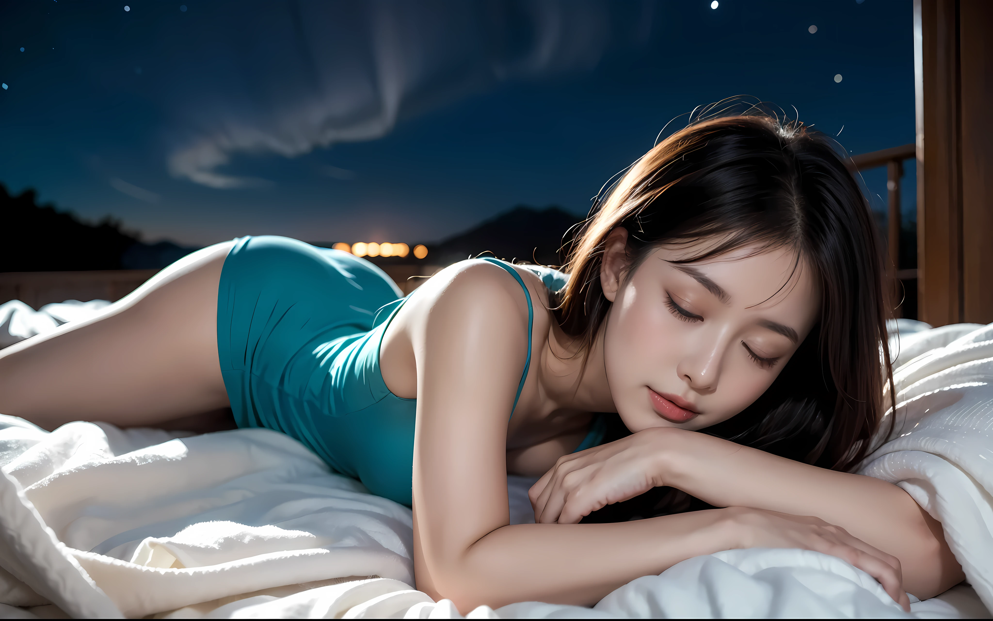 Night Sky、Realistic、Woman sleeping on blanket、A radiant aura emanates from a woman sleeping under a blanket、超A high resolution、Black-haired,I can see your round ass