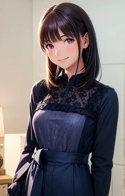 High resolution,In 8K,highest quality,detailed,Semi-realistic anime,Anime 3D Style,Smooth anime CG,One Girl,19-year-old woman in Japan,slim,Modeled,Shiny brown hair,Medium Hair,detailedな顔,Beautiful and detailed,Glowing Skin,Wear a deep navy blue camisole,straggling hair,Angelic hairstyle,((Deep purple sparkling eyes)),(Small breasts),((Watching the audience)),((Shut your mouth.),((Smile))