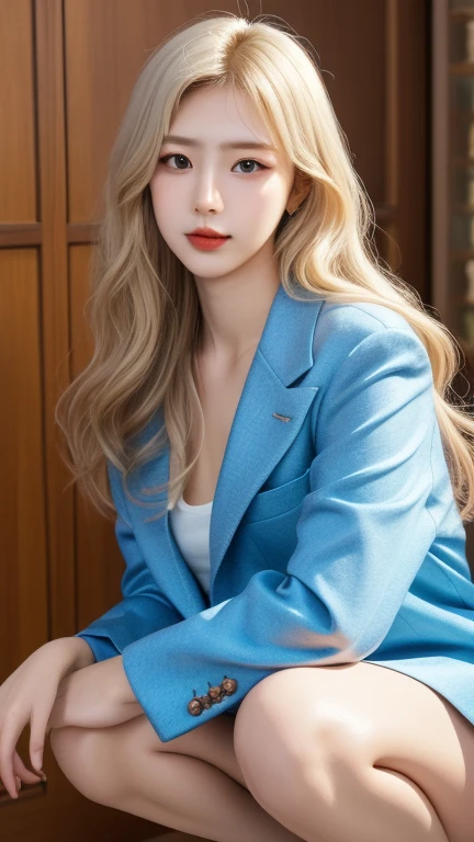tmasterpiece,Highest image quality,super detailing,(1 Sister), The beautiful, amazing face and eyes, Cosmetics for a refined and beautiful face), (The best look), (Beautiful big breasts:1.1), (Best quality:1.4), (ultra - detailed), (extremely detaild的 CG unified 8k wallpapers), Very meticulous, RAW photos, professional photoshooting, ((buisness suit)), (Open business shirt),blond hair blue eyes,Outdoor sports, (down town, nightcity, rays of moonlight), (nigh sky), depth of fields,