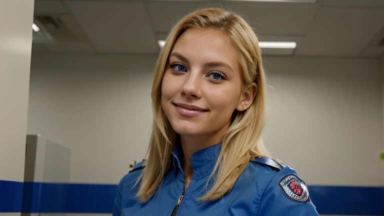 Very attractive blonde woman, prison guard. blue eyes, facing the camera. Smiling. In an expensive clinic. 