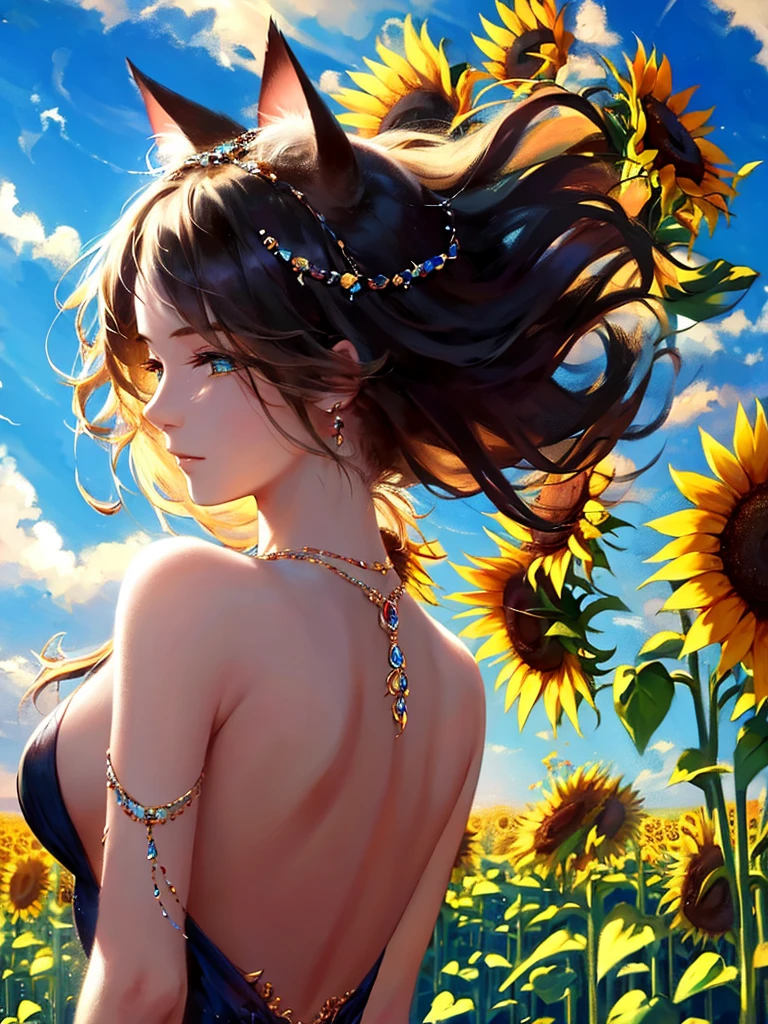 anime style, very fine illustration, high detail, dynamic angle, great detail, 8k, summer day, field of sunflowers, sunny day. BREAK The woman stands motionless, fascinated by the beautiful scene, watching the sunflowers bloom. The expression on her face says that she is sincerely delighted with the summer and the beauty of the blooming sunflowers. very good illustration, High detail, dynamic angle, beautiful detailing,2D, (Best quality, masterpiece, Beauty, tenderness), Anime, Highly detailed face, very detailed eyes, very detailed background, Ideal lighting, Whole body, 1 girl, One, (Very detailed cat ears), (Very detailed ears behind the hair), Finely detailed eyes, ears covered with hair, Highly detailed hands, very detailed hands,