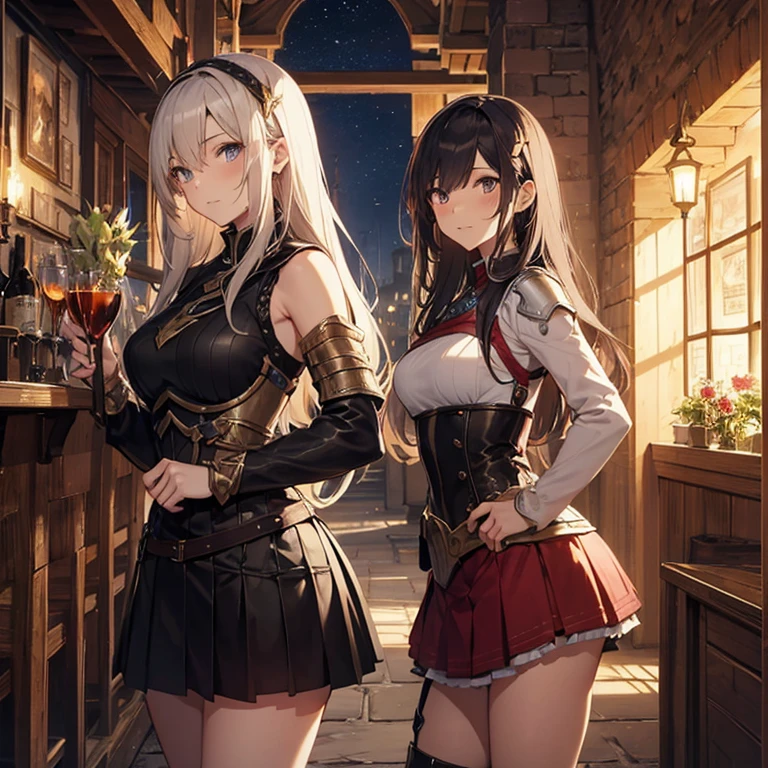 A group of female medieval fantasy adventurers, (in tavern), various hair styles, harem, night, details face, short skirt, seducing, sleeveless, armor