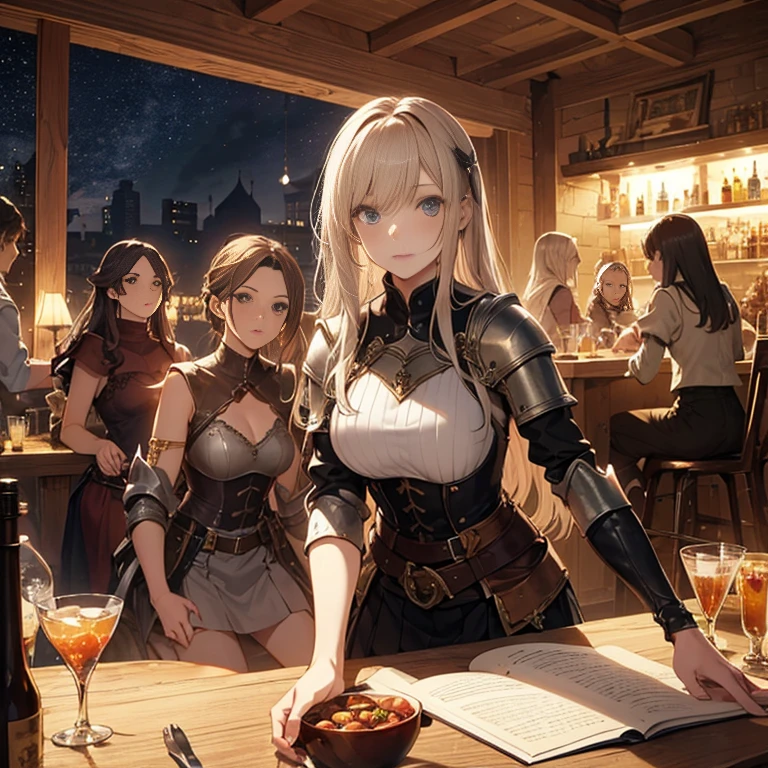 A group of female medieval fantasy adventurers, (in tavern), various hair styles, harem, night, details face, short skirt, seducing, sleeveless, armor