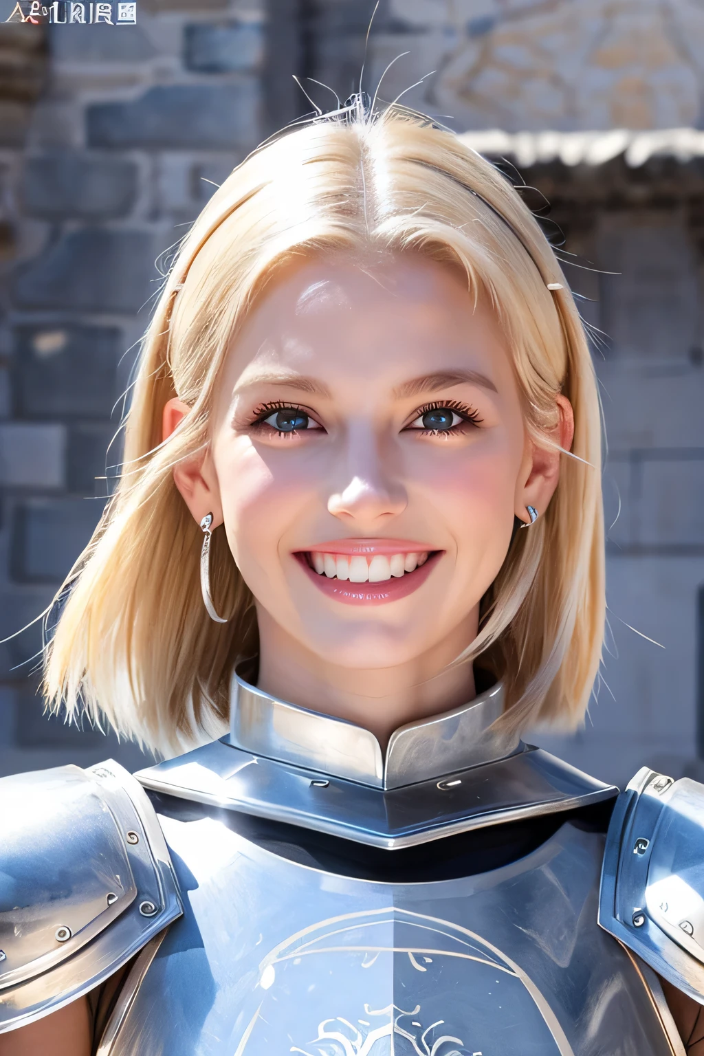 ８Ｋ、highest quality、female knight、Luxurious Silver Armor、、hairstyle short cut、smile、Beautiful Teeth、Full body photo、ear piercing、blonde、White woman、blue eyes、Heavy makeup、The background is inside the castle

