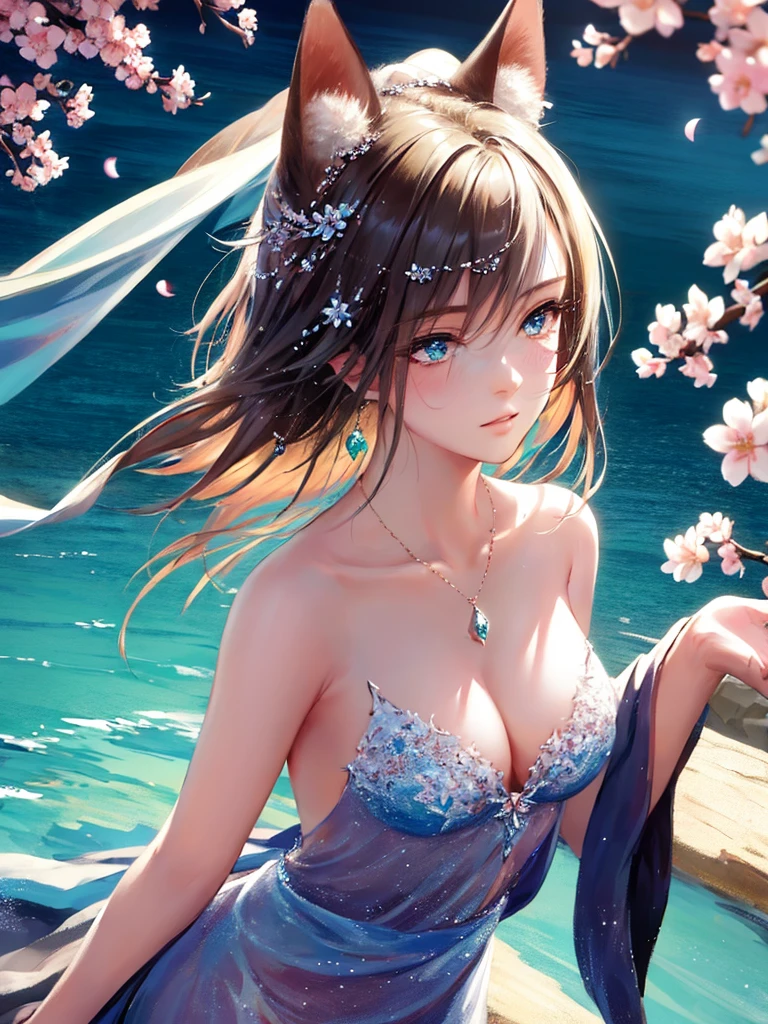 anime style, super fine illustration, highly detailed, dynamic angle, beautiful detailed, 8k, A girl is impressed by the cherry blossoms in Fuji-Hakone Izu National Park and the blue sky by the lakeside with Mt. Cherry blossom petals are dancing in the wind, the surface of the lake is calm, and the girl's expression is sincerely moved by the beauty of nature. very good illustration, High detail, dynamic angle, beautiful detailing,2D, (Best quality, masterpiece, Beauty, tenderness), Anime, Highly detailed face, very detailed eyes, very detailed background, Ideal lighting, Whole body, 1 girl, One, (Very detailed cat ears), (Very detailed ears behind the hair), Finely detailed eyes, ears covered with hair, (Very detailed eyes)