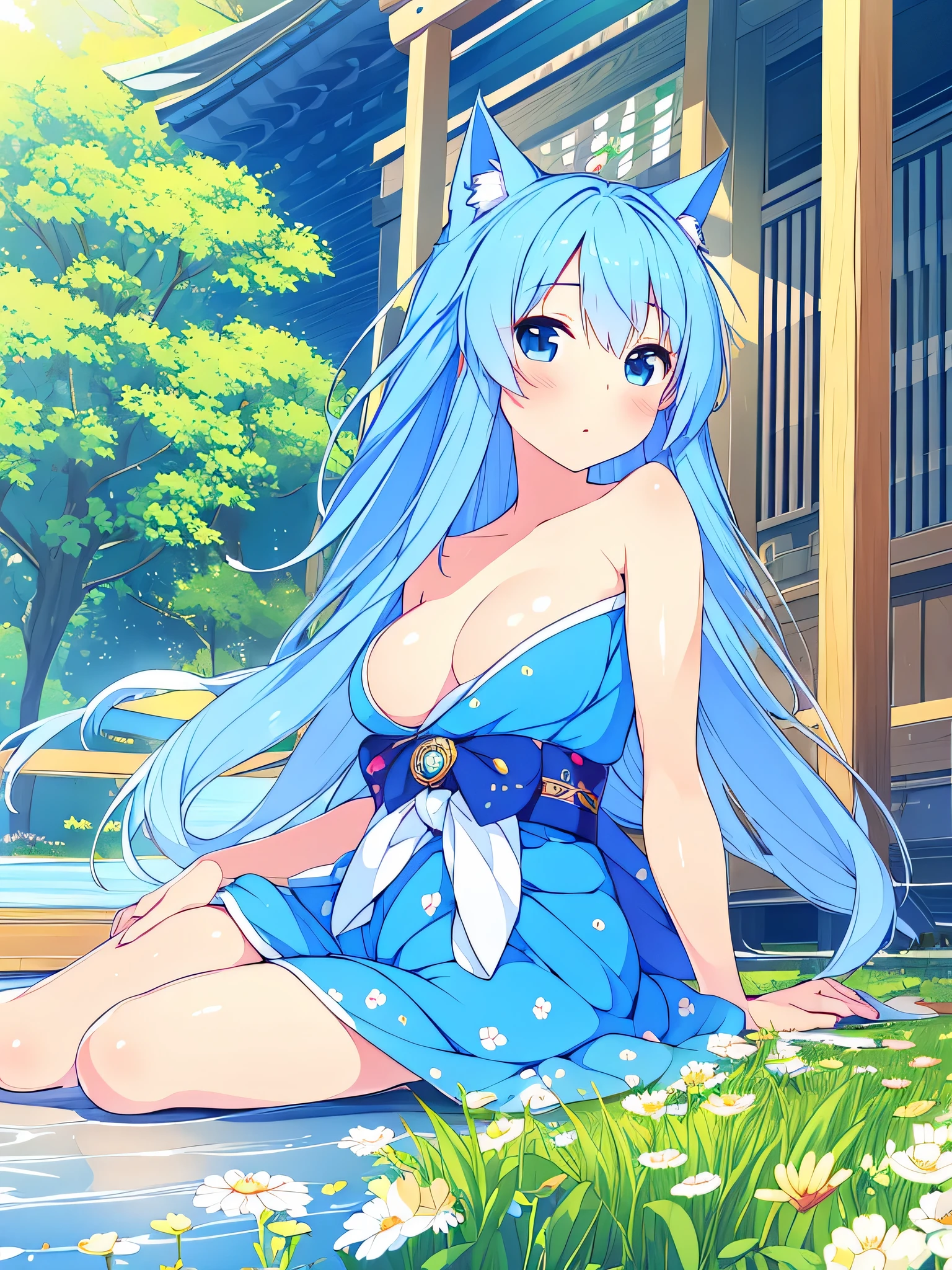 (masterpiece:1.2),ultra-detailed,realistic,expressive eyes,fair-skinned,perfectly shaped face,1girl,
Japanese cartoons,Gorgeous blue hair, flowing blue hair,floating clothes,cat ears,petals falling,beautiful Lola,Hina Angel,
hands on waist,gracefully sitting on the ground,legs crossed,gentle and serene background,cool and comfortable pavilion.