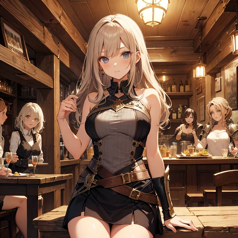 A group of  female medieval fantasy adventurers, (in tavern), various hair styles, harem, night, details face, short skirt, seducing, sleeveless, armor