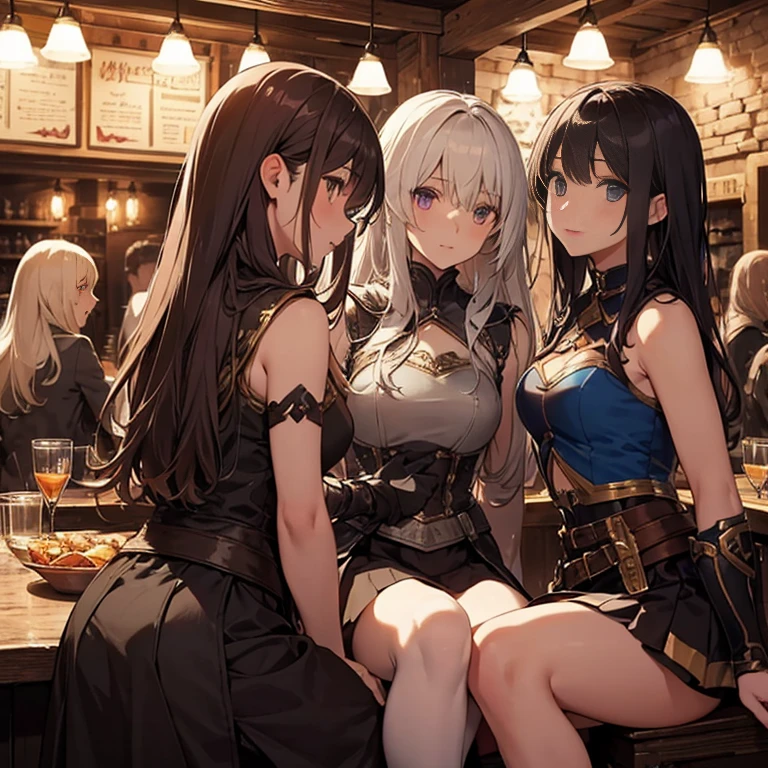 A group of  female medieval fantasy adventurers, (in tavern), various hair styles, harem, night, details face, short skirt, seducing, sleeveless, armor