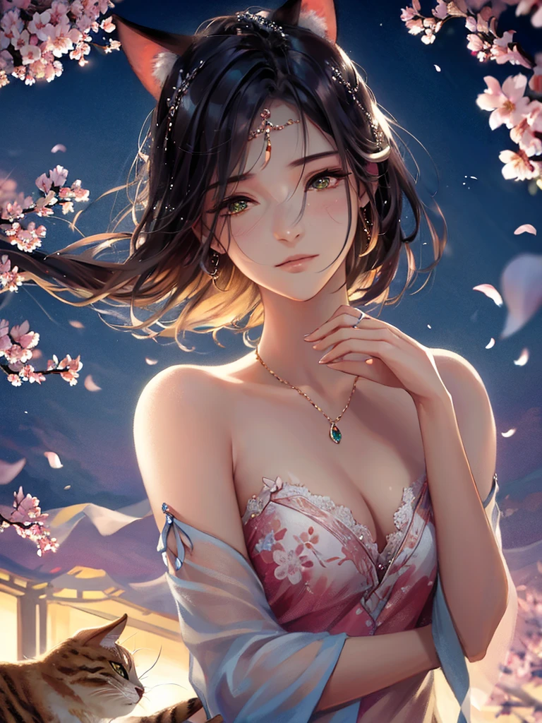 anime style, super fine illustration, highly detailed, dynamic angle, beautiful detailed, 8k, On a spring night, the cherry trees illuminated by the city lights are quietly shining. BREAK A woman stands still, captivated by the beautiful scene, watching the cherry blossoms flutter down. BREAK Her expression tells of her heartfelt admiration for the arrival of spring and the beauty of the cherry blossoms. very good illustration, High detail, dynamic angle, beautiful detailing,2D, (Best quality, masterpiece, Beauty, tenderness), Anime, Highly detailed face, very detailed eyes, very detailed background, Ideal lighting, Whole body, 1 girl, One, (Very detailed cat ears), (Very detailed ears behind the hair), Finely detailed eyes, ears covered with hair,