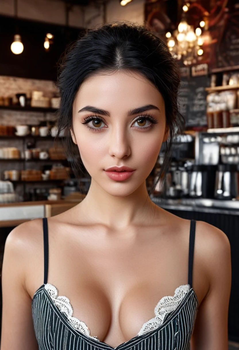 (front view) very detailed  photograph of a italian woman, 24yo, fair skin,detailed coffee shop background, (with black hair), (dark eyes) (symmetric handsome face) nice and well defined nose, (well marked and angular jaw), proportioned and full lips, stunning realistic photography, realistic soft color, octane render, intricately detailed, sharp focus, stunning full color, shot on DSLR camera, 32k resolution, best quality, (focus on skin texture) her  looks attractive 