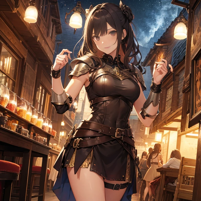 A group of female medieval fantasy adventurers, (in tavern), various hair styles, harem, night, details face, short skirt, seducing, sleeveless, armor
