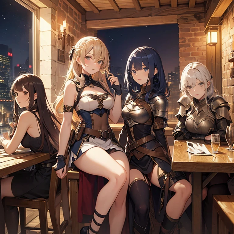 A group of  female medieval fantasy adventurers, (in tavern), various hair styles, harem, night, details face, short skirt, seducing, sleeveless, armor