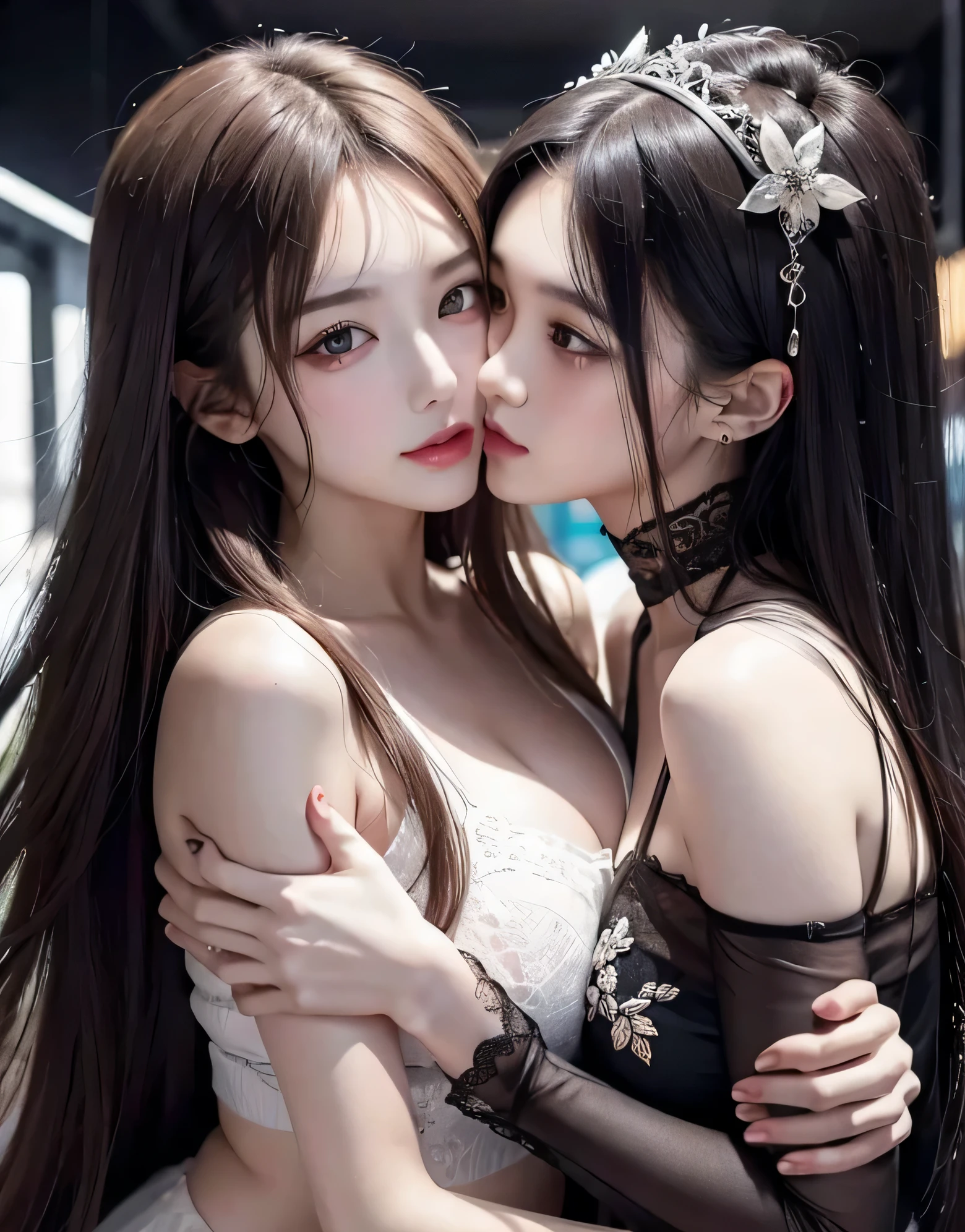 ((masterpiece)),((highest quality)),((8K)),((Ultra high definition)),((high resolution)),((detailed)),((Perfect body)),((Perfect Face)),((Two beauties)),((Lesbian))、((Two people kissing))、((Kiss with tongue out)),((huge breasts:1.3)),((Vigorously rubbing the opponent's chest)),Chinese Beauty、princessの衣装、Very dense makeup、Jet Black Hair、Shiny Hair、Glowing Skin、Super Straight Hair、Long Hair、Bedroom、royal palace、Luxurious and gorgeous、Gorgeous hair ornament、gold、Royal Family、Yang Guifei、princess、