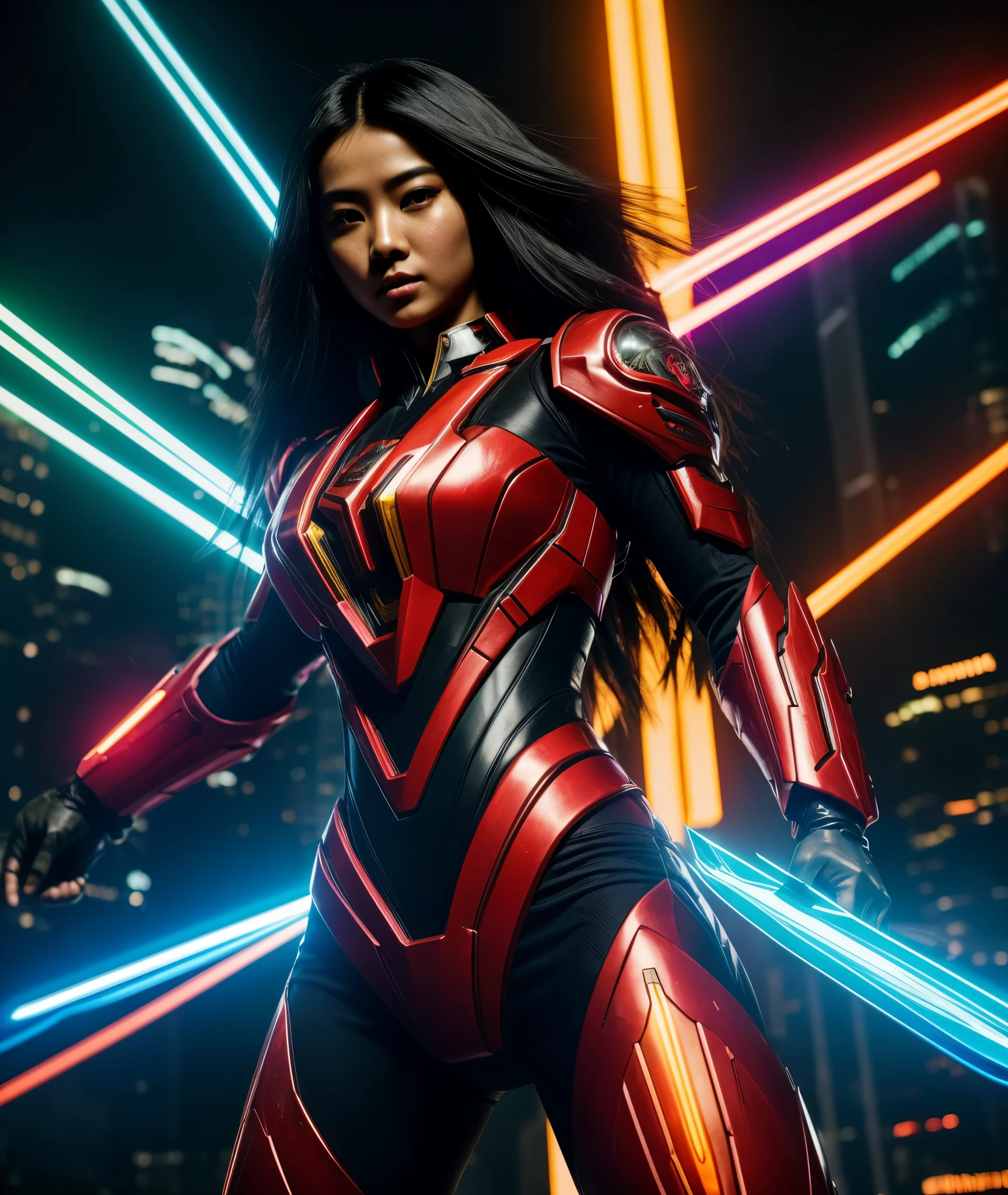 In the pulsating core of the cyberpunk metropolis, Jakarta, a strikingly ethereal Asian woman with a voluminous waterfall of ebony hair grabs attention in the vibrant, neon-lit crowd. Clad in a formidable, fiery-red mecha suit, she emanates tenacity and grit. The polished suit's surfaces mirror the technicolor cityscape, enhancing the enthralling lights and holograms that dart through the air. With her ornate, ceremonial blade gripped tightly in hand, this captivating mystery embodies perseverance and optimism amidst Jakarta's riotous, fut
