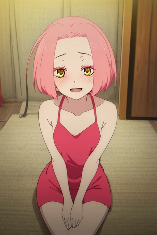 ((highest quality)), ((masterpiece)), (be familiar with), Perfect Face, indoor, Bedroom, Watching the audience,
One woman, May,
Open Mouth, Ecstatic expression, blush, smile,
Small breasts, Flat Chest, Young Girl, , , Girl,
Short Hair, Pink Hair, Yellow Eyes, short hair,
Leg spread,