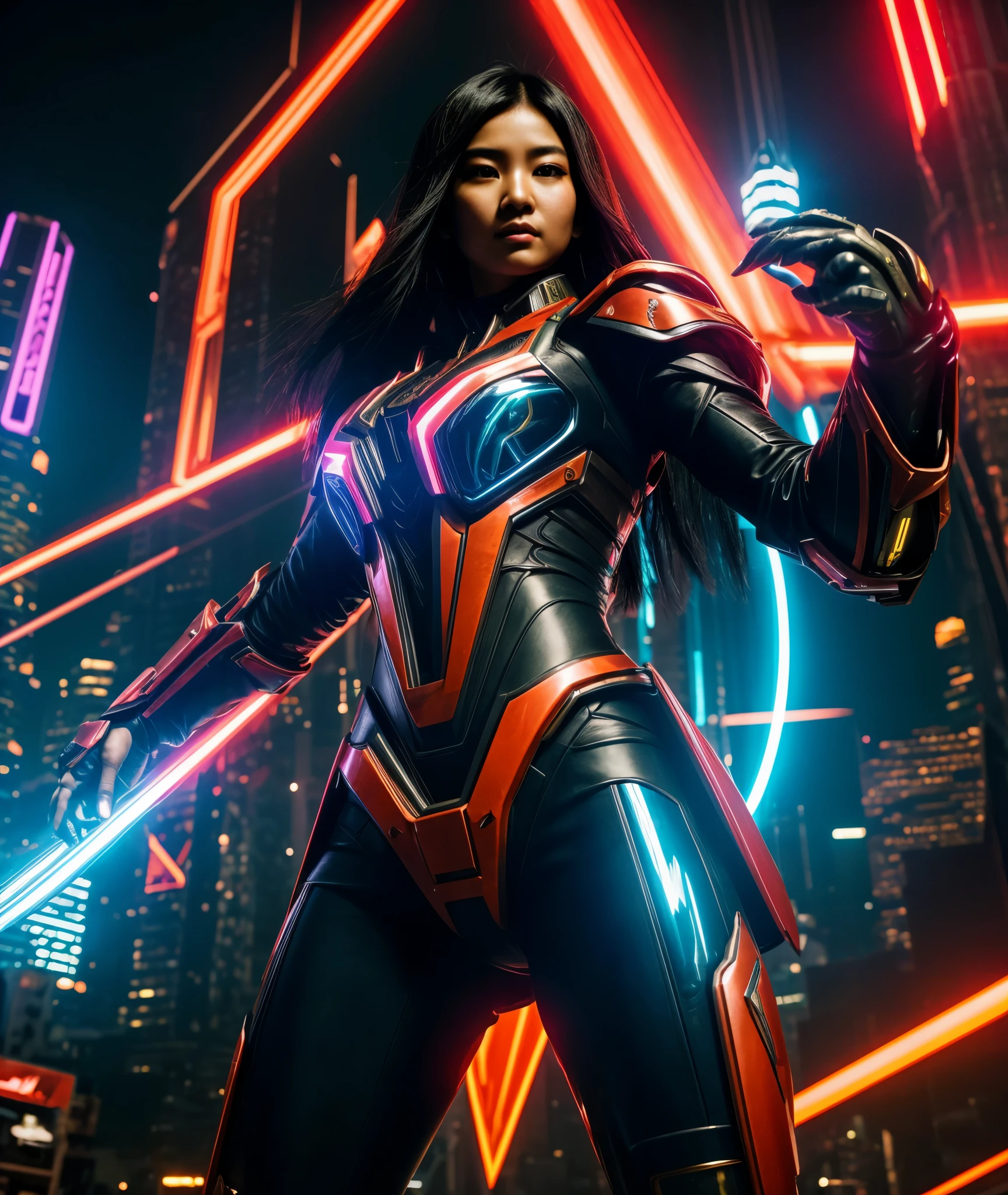 In the pulsating core of the cyberpunk metropolis, Jakarta, a strikingly ethereal Asian woman with a voluminous waterfall of ebony hair grabs attention in the vibrant, neon-lit crowd. Clad in a formidable, fiery-red mecha suit, she emanates tenacity and grit. The polished suit's surfaces mirror the technicolor cityscape, enhancing the enthralling lights and holograms that dart through the air. With her ornate, ceremonial blade gripped tightly in hand, this captivating mystery embodies perseverance and optimism amidst Jakarta's riotous, fut
