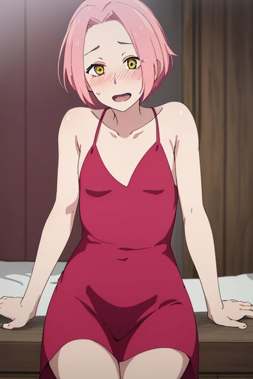 Nipples, naked, nude chest, (Flat chest:1.1), very small , solo, 1girl, glasses, long fluffy pink hair, skinny, braless, shirtless , pink fluffy sweatpants, slight smile, pajamas,, pajama pants, half lid eyes, seductive