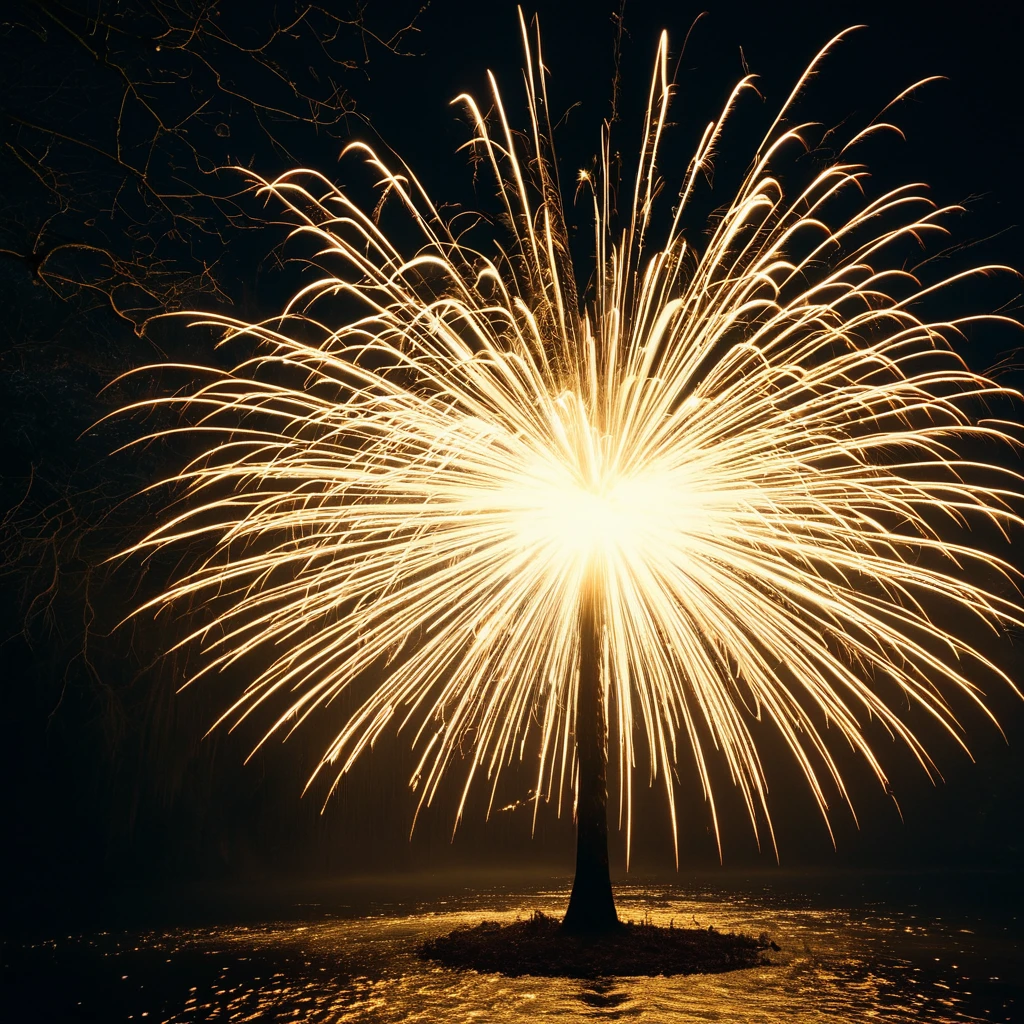 Tree lit up at night, Sparks are flying around, providing the only light source in the dark surroundings. The scene is dramatic and breathtaking, echoing the sentiment that hope is a thing with feathers. Use the visual characteristics of a 35mm film such as film grain, vignette effect, post-processing, and stunning cinematic lighting techniques to create an atmospheric scene. The result should be of the highest quality, resembling an epic masterpiece from a live-action film. river in the foreground :: a breathtaking intricate and highly detailed, golden hour, heavenly rays :: masterpiece, 8k resolution, trending on, dramatic,