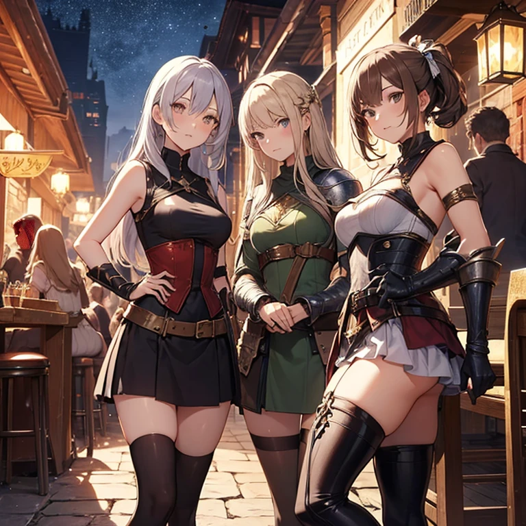 A group of  female medieval fantasy adventurers, (in tavern), various hair styles, harem, night, details face, short skirt, seducing, sleeveless, armor