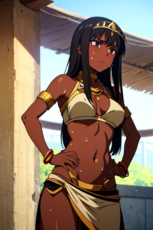 tan skinned anime Cleopatra wearing a bikini top and a long detailed skirt, burping, (gently resting hands on stomach), (sweating), (long black hair), (hands on stomach)