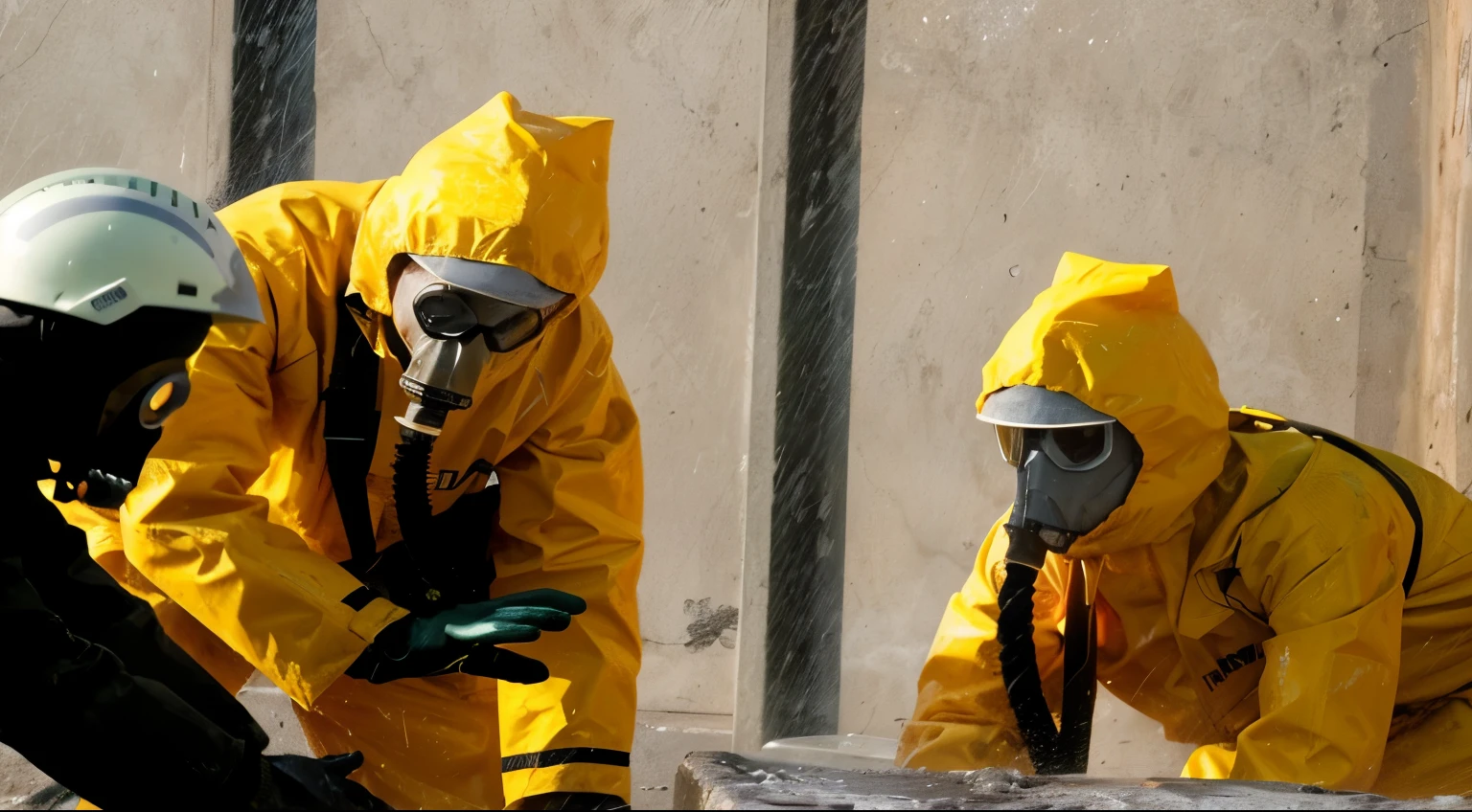 yellow protective suit, worn by a man in a gas mask, Hazardous Material suits, staff wearing Hazardous Material suits, one single man in a Hazardous Material suit, Hazardous Material, 4 k still not breaking bad, Two figures in gas masks, during a Biological hazard apocalypse, more from the series "Breaking Bad", still not breaking bad, Biological hazard, pandemic, very bad scene, Contaminated, realism