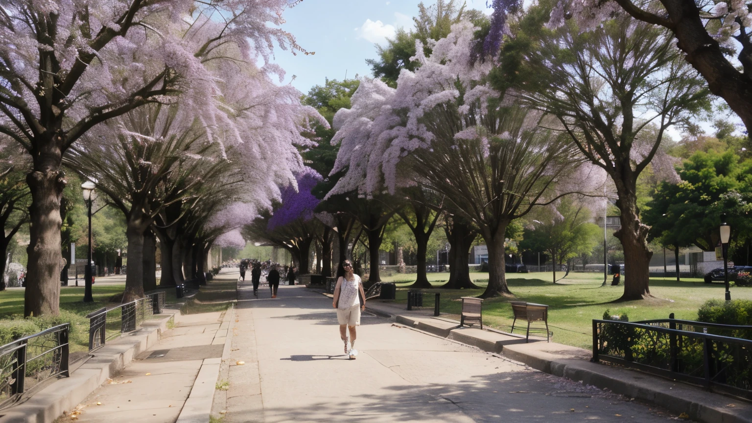 parque con jacarandas al rededor, y un camino rojo central y personas al rededor