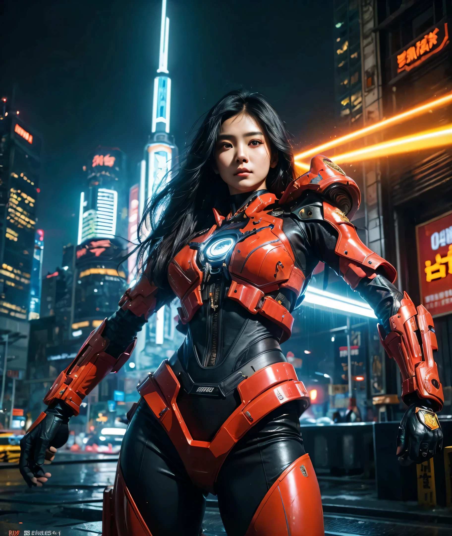 In the pulsating core of the cyberpunk metropolis, Jakarta, a strikingly ethereal Asian woman with a voluminous waterfall of ebony hair grabs attention in the vibrant, neon-lit crowd. Clad in a formidable, fiery-red mecha suit, she emanates tenacity and grit. The polished suit's surfaces mirror the technicolor cityscape, enhancing the enthralling lights and holograms that dart through the air. With her ornate, ceremonial blade gripped tightly in hand, this captivating mystery embodies perseverance and optimism amidst Jakarta's riotous, fut