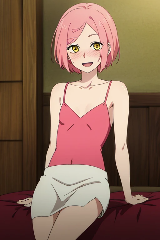 ((highest quality)), ((masterpiece)), (be familiar with), Perfect Face, indoor, Bedroom, Watching the audience,
One woman, May,
Open Mouth, Ecstatic expression, blush, smile,
Small breasts, Flat Chest, Young Girl, , , Girl,
Short Hair, Pink Hair, Yellow Eyes, short hair,
Leg spread,
