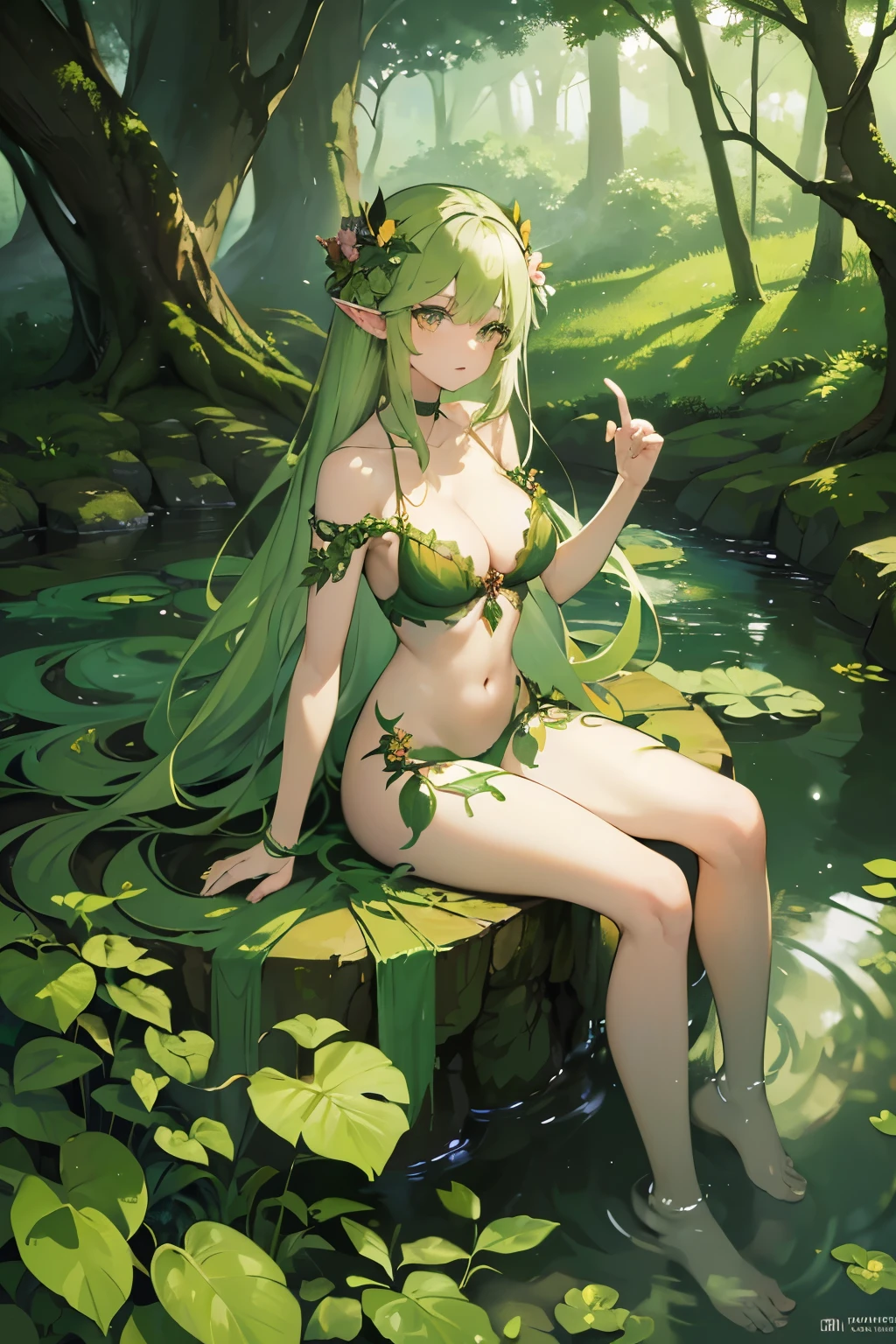 lraune, happy smile beautiful nude flower monster, honey syrup from vagina, green skin, colored skin, long hair, nipple, pussy, flower, leaf, plant, nature