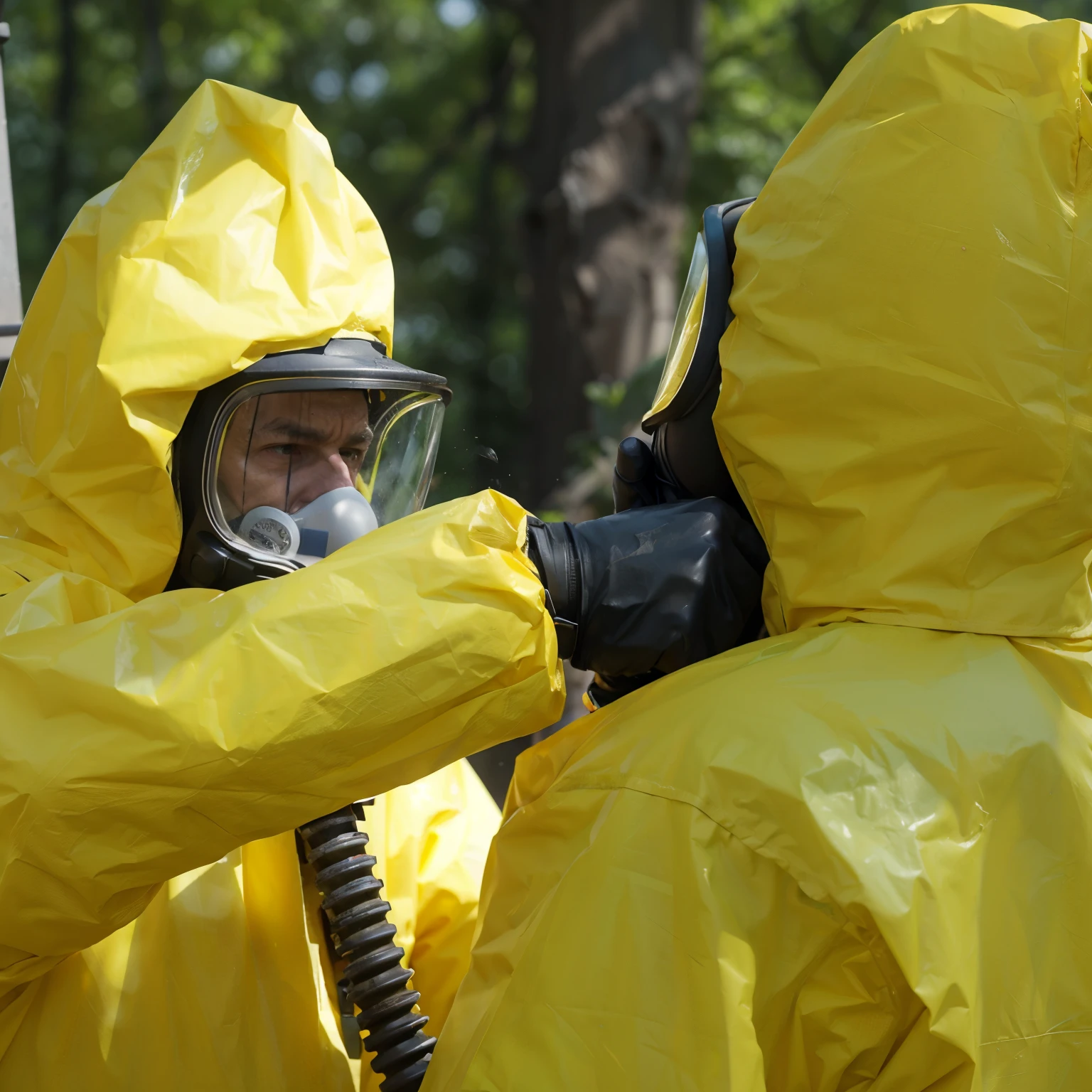 yellow protective suit, worn by a man in a gas mask, Hazardous Material suits, staff wearing Hazardous Material suits, one single man in a Hazardous Material suit, Hazardous Material, 4 k still not breaking bad, Two figures in gas masks, during a Biological hazard apocalypse, more from the series "Breaking Bad", still not breaking bad, Biological hazard, pandemic, very bad scene, Contaminated