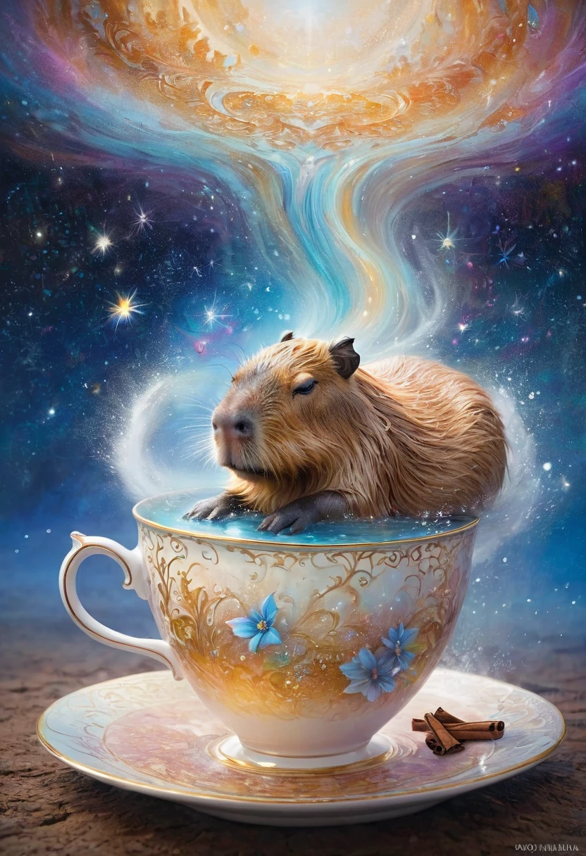 A Capybara, capybara, Capybara sleeping in teacup; cascading sugar;; blowing mist;; cinnamon cobalt and ivory, endless starscape, intricately detailed, fantasy, hyperdetailed, 8k resolution, masterpiece, stunning splash art Jordan Grimmer, Ross Tran,, and Vilijus Vaisvila, crescendo, Beautiful, complex, vibrant, brushstrokes, magical aura, perfect