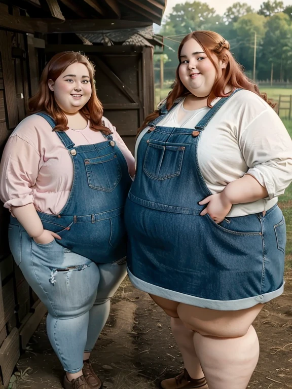 masterpiece, best quality, two obese ssbbw sisters standing next to eachother on a farm, farm, fat, obese, ssbbw, sisters, two characters, wearing only overalls, smiling, young, kid, ((-yeld)), bidly obese, blob, immobile, copper hair, wavy hair, twins,, wide-angle shot, shallow depth of field, casual photo, colorful, two people, both equally as fat, both equally as old, ((twins))