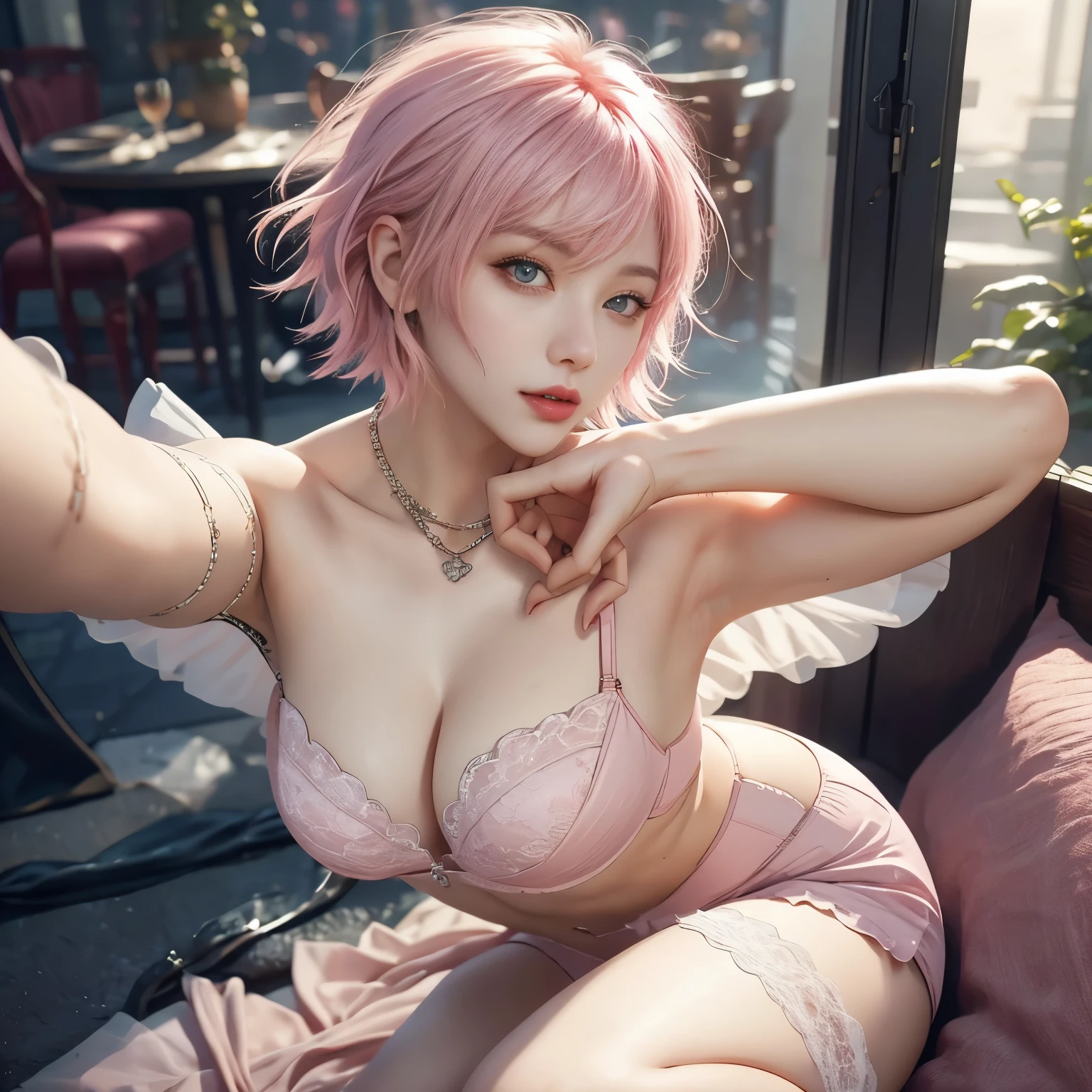 masterpiece, top quality, ((1 woman)), adults, different color, subtle eye and detailed face, complex parts, Casual black and white outfit((sexy clothes)), window, smile, Happiness, tenderness, High image quality、 selfie, Beautiful women、high、small face, D-cups, upper body、nightfall, night scene、𝓡𝓸𝓶𝓪𝓷𝓽𝓲𝓬、Korean, Idol Photos, photo of the model, k-pop, Professional photos, Vampires, Korean fashion in black and white., Fedoman with a necklace, inspired by Shim Sa-jeong, androgynous vampire, :9 detailed face: 8, very detailed face, detailed punk hairstyles, ((Eyes brown)) baggy eyes, seductive. very detailed, semi-realistic anime, Vampires, hyperrealistic , Gentle androgynous princess, a sheep, ((woman with short hair)), Woman with pink hair and wild look, sexy look, ((Woman with short pink hair)), ((1 person)), Sit down and take a sexy pose, pink lingerie, big bra, sexy underwear,full body