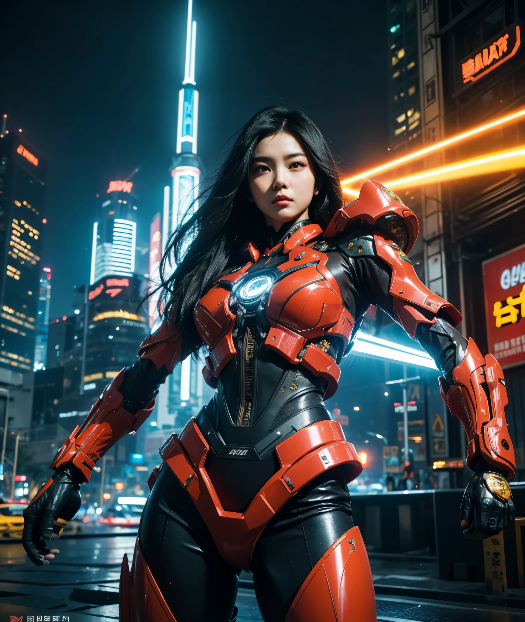 In the pulsating core of the cyberpunk metropolis, Jakarta, a strikingly ethereal Asian woman with a voluminous waterfall of ebony hair grabs attention in the vibrant, neon-lit crowd. Clad in a formidable, fiery-red mecha suit, she emanates tenacity and grit. The polished suit's surfaces mirror the technicolor cityscape, enhancing the enthralling lights and holograms that dart through the air. With her ornate, ceremonial blade gripped tightly in hand, this captivating mystery embodies perseverance and optimism amidst Jakarta's riotous, fut