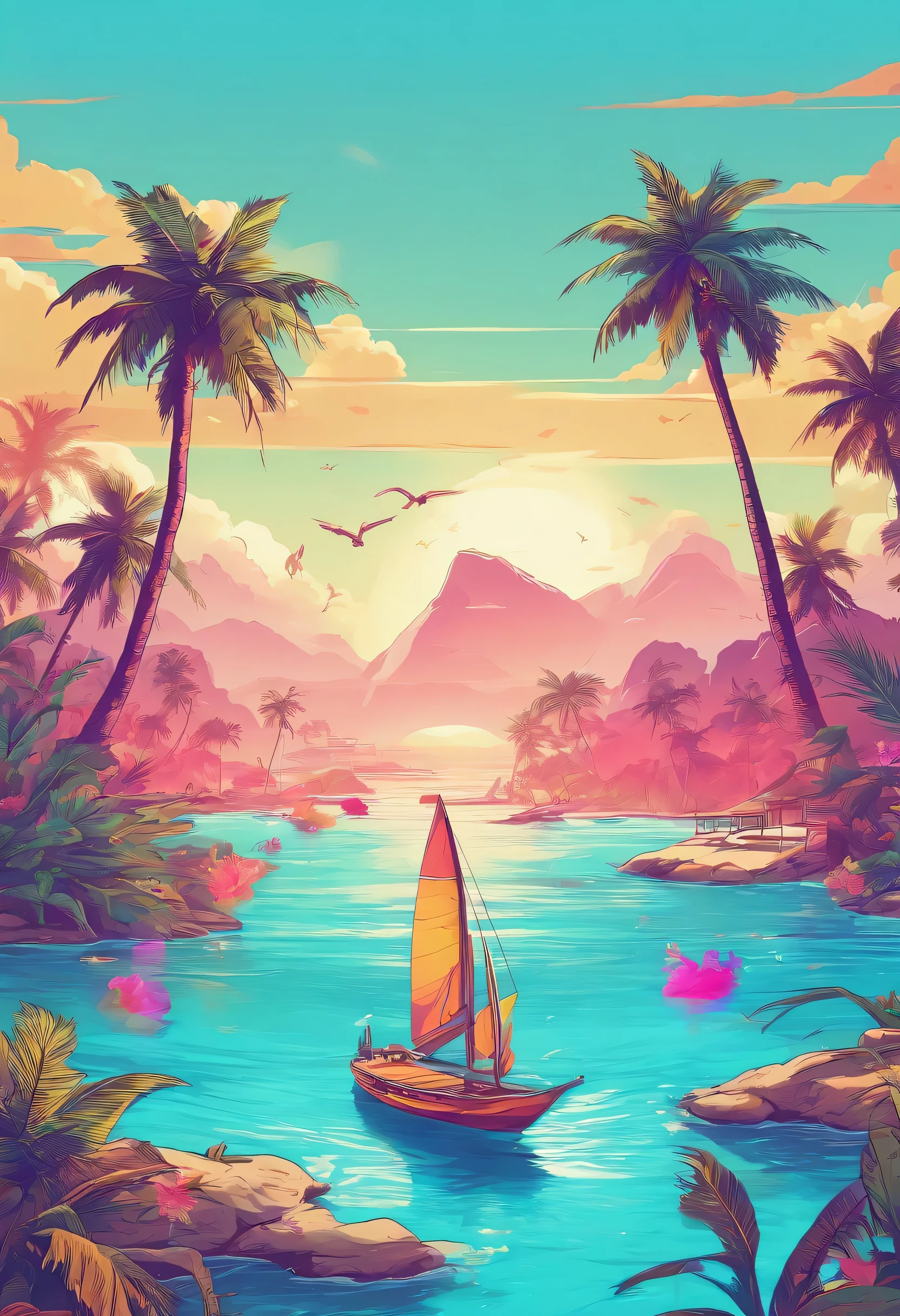 Digitally illustrate a landscape in 8K resolution of a tropical paradise, with palm trees swaying in the wind and crystal clear waters that reflect the blue sky.