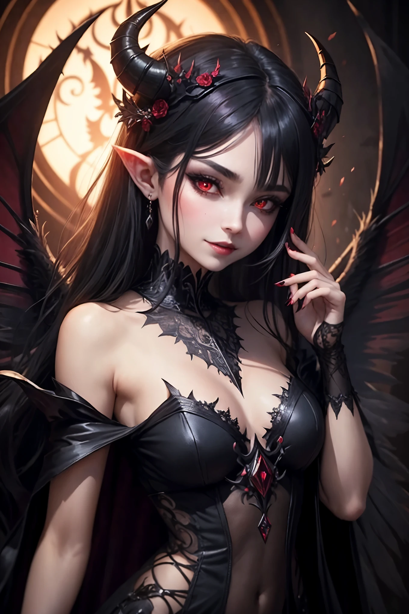 Malevolent fairy with devilish features, her wings tinged with dark hues, her grin sharp and mischievous. She dons a crimson dress adorned with black lace, a crown of bone and obsidian nestled atop her curled horns. Her eyes, as deep as the night, hold an ancient and wicked allure.